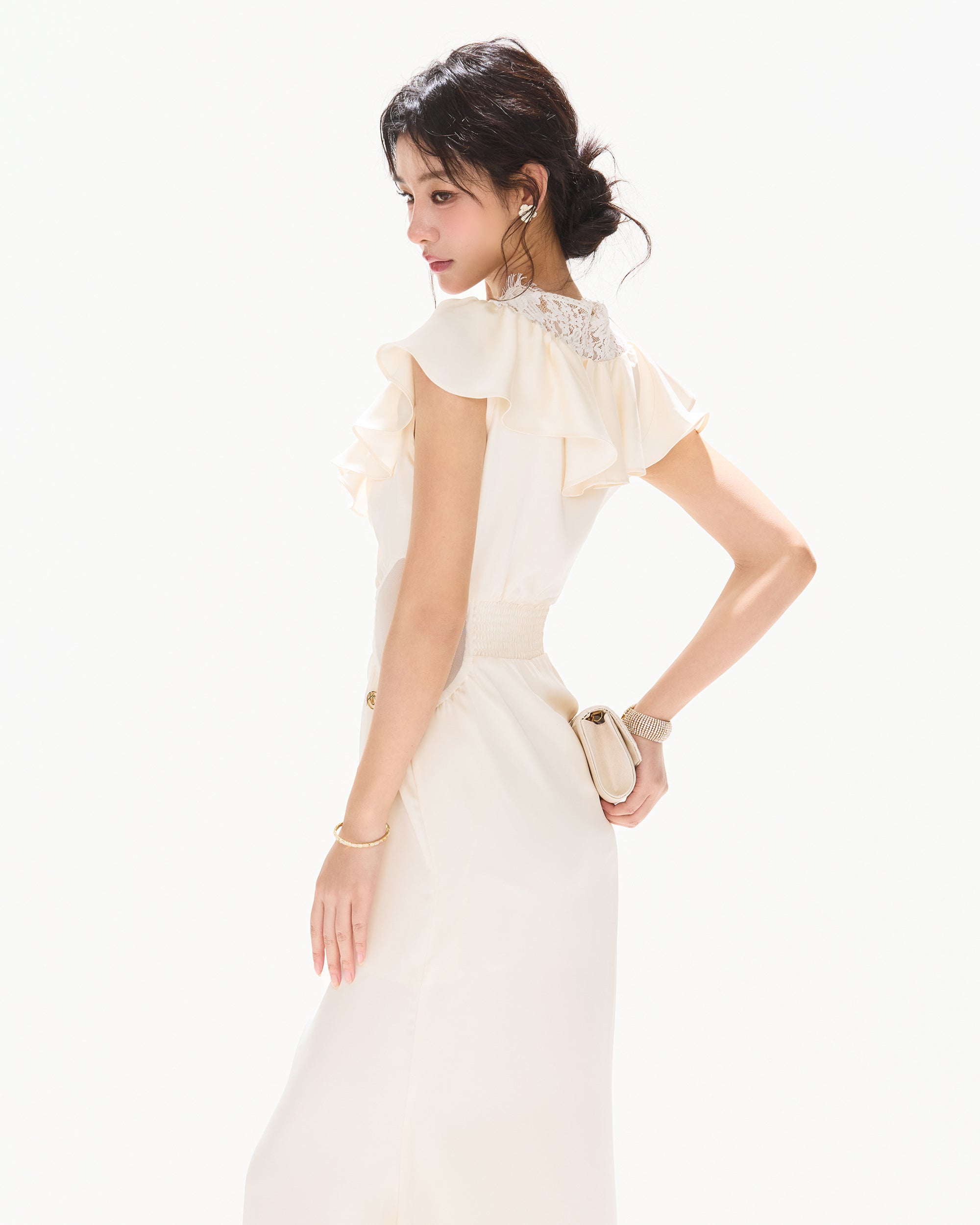 CYNR Ruched Lace V-Neck Cut-Out Waist Dress