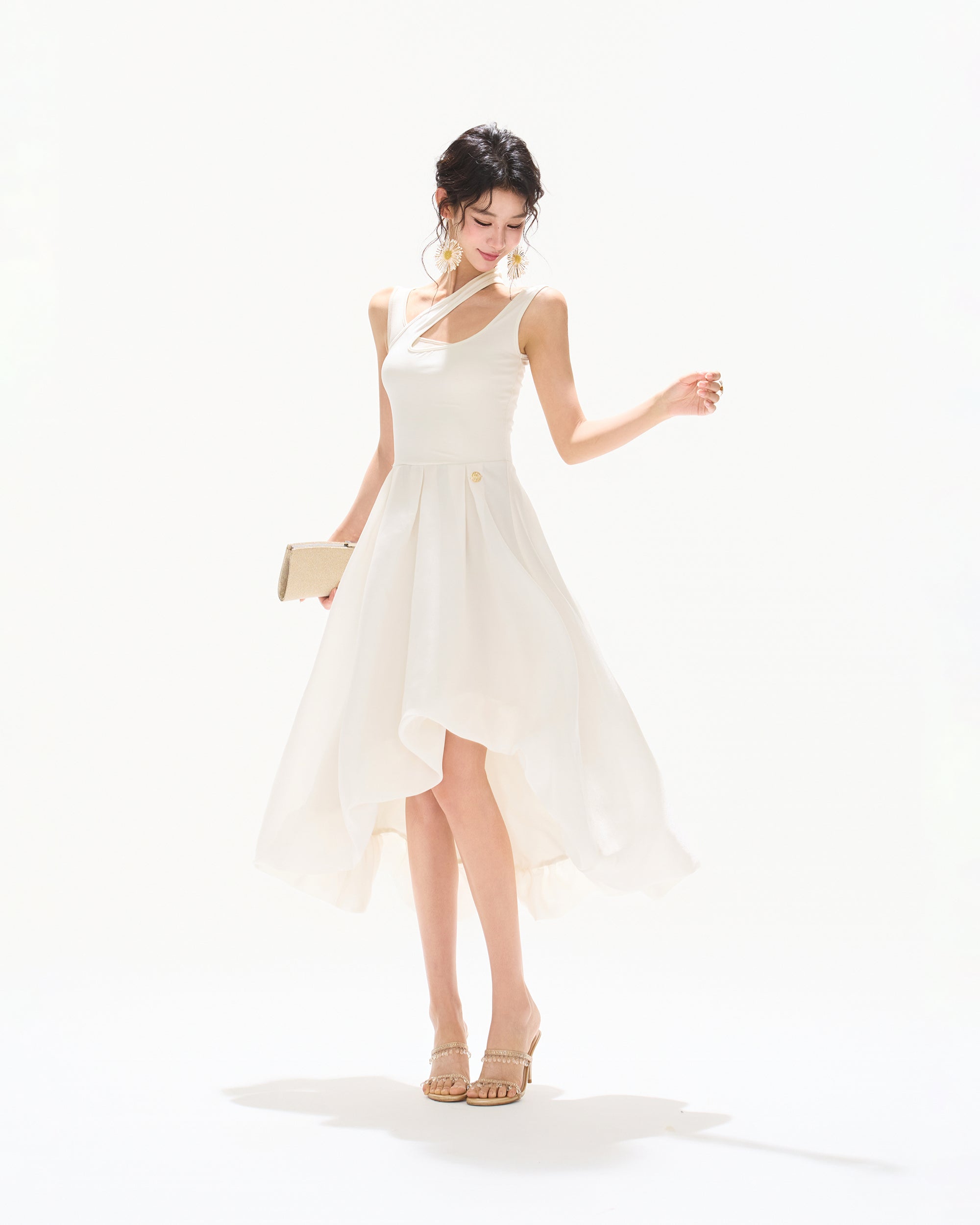CYNR Cut-Out Neckline Asymmetrical Chiffon Midi Dress