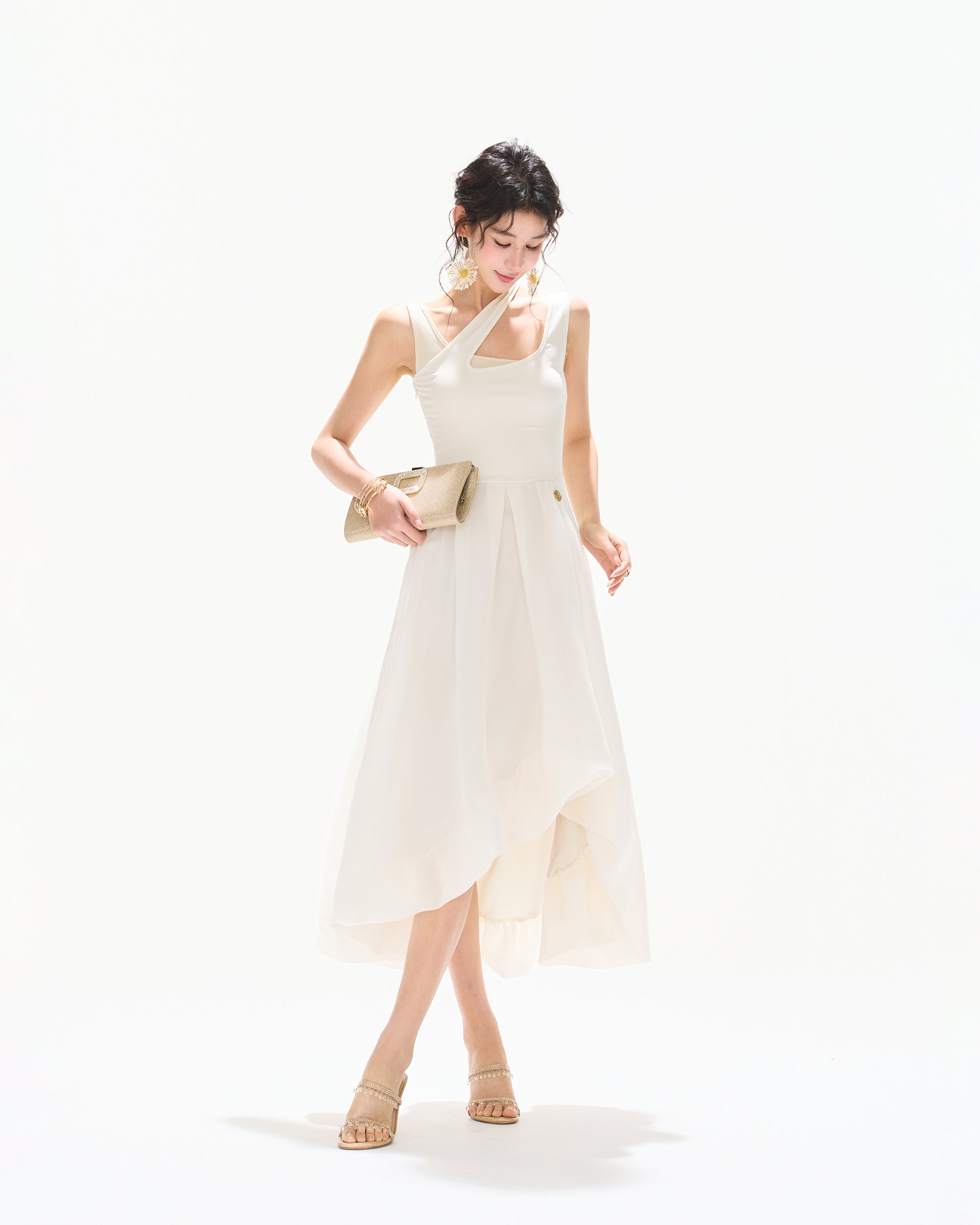 CYNR Cut-Out Neckline Asymmetrical Chiffon Midi Dress