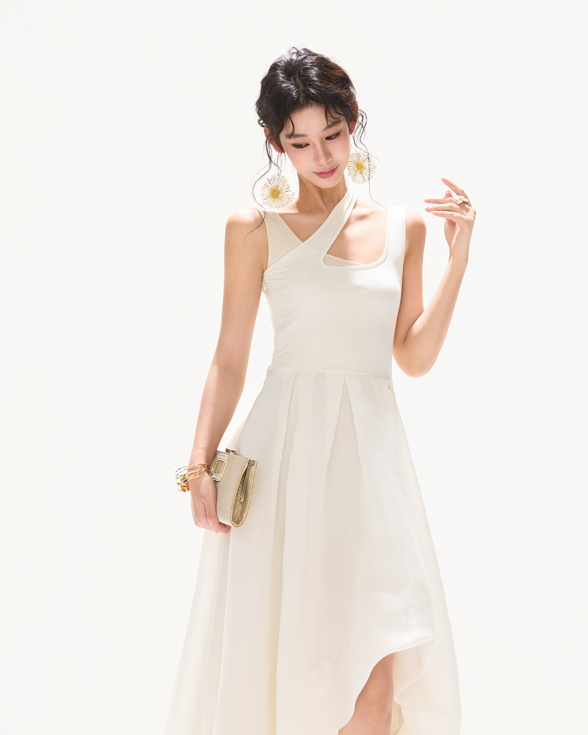 CYNR Cut-Out Neckline Asymmetrical Chiffon Midi Dress