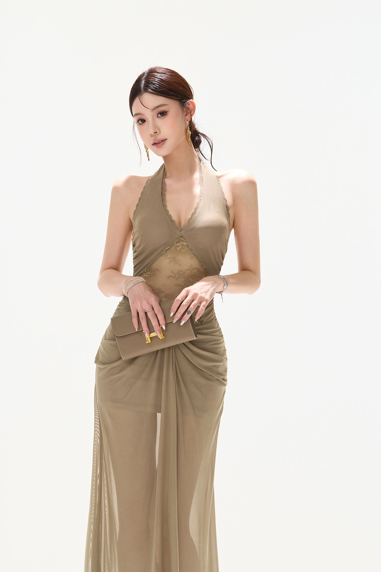 CYNR Draped Sheer Halter Maxi Dress
