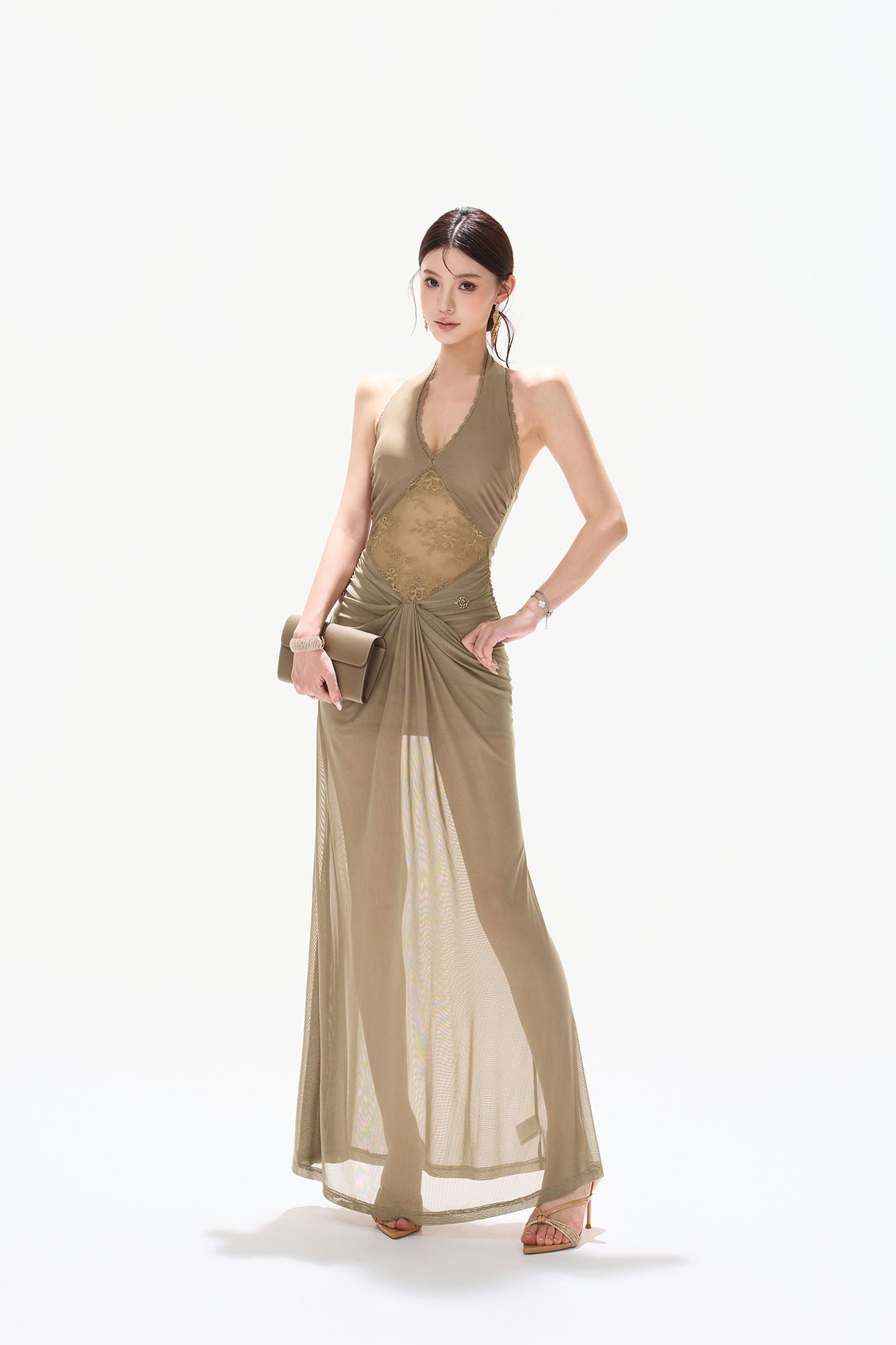 CYNR Draped Sheer Halter Maxi Dress
