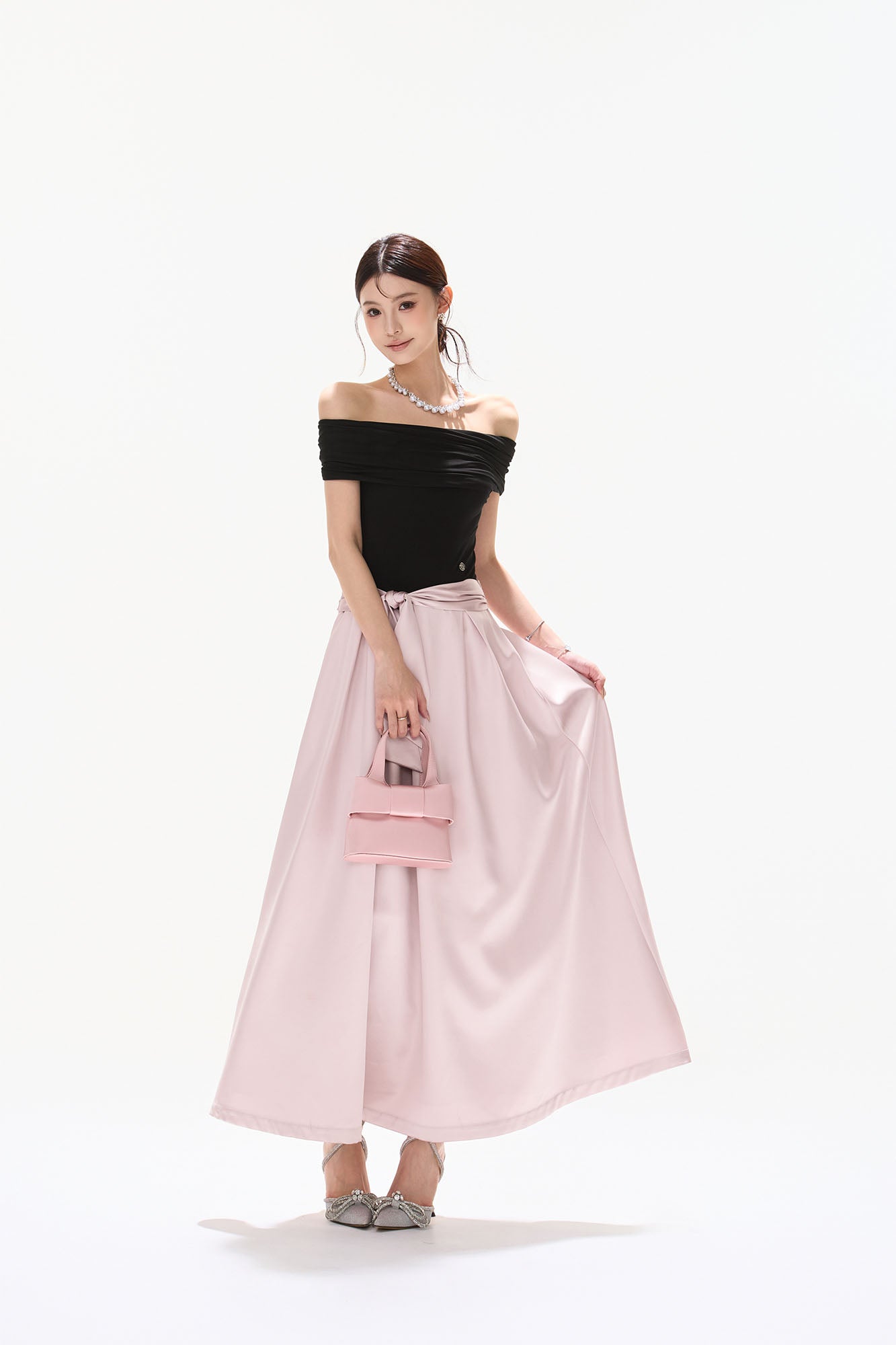 CYNR Off-Shoulder Bow-Waist Satin Maxi Dress
