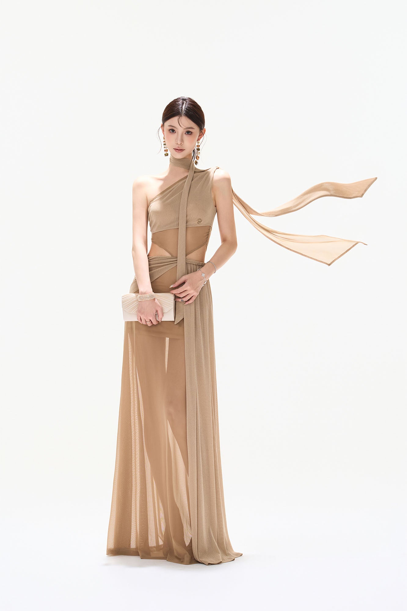 CYNR Asymmetrical Scarf-Tie Sheer Maxi Dress