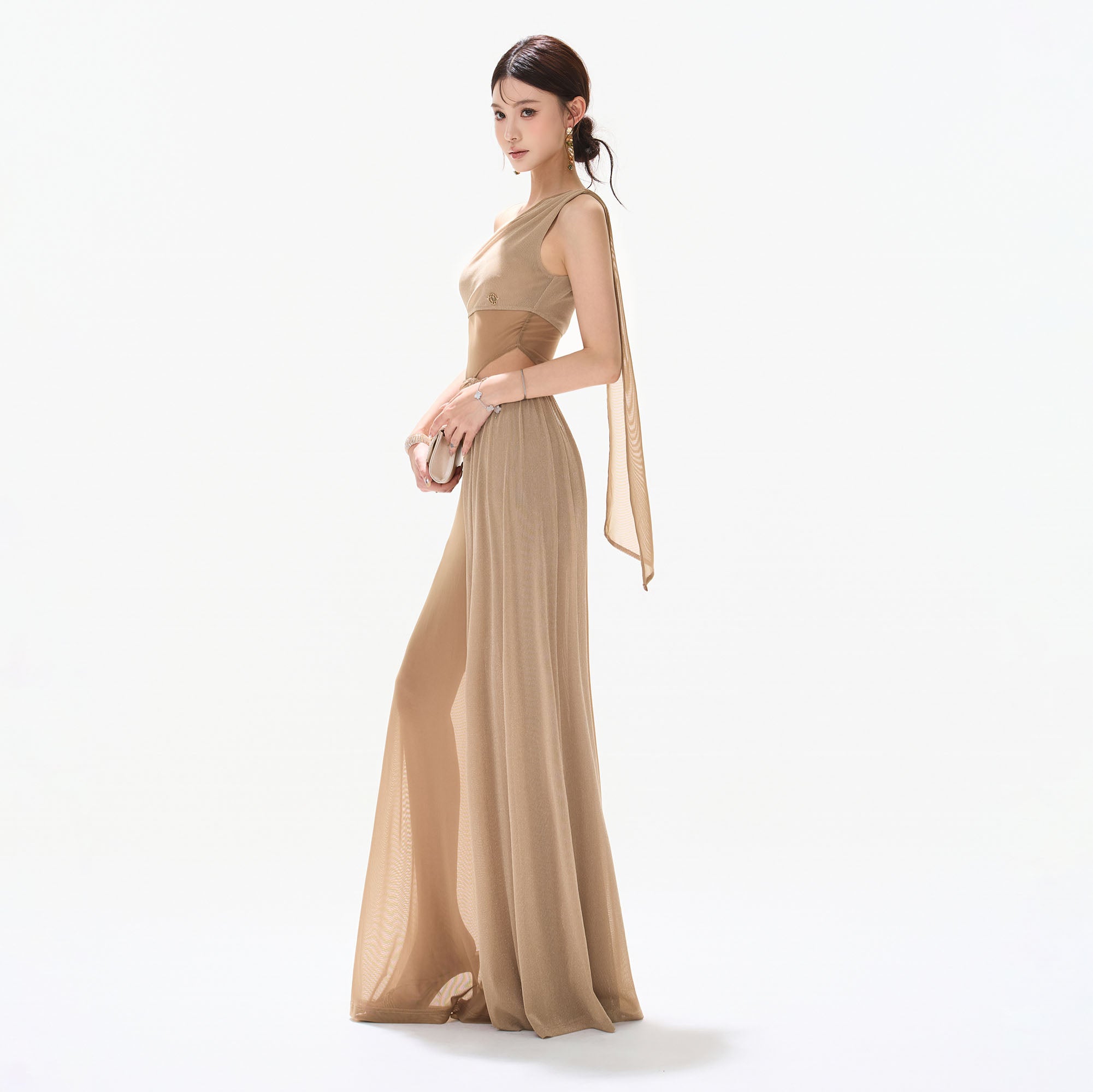 CYNR Asymmetrical Scarf-Tie Sheer Maxi Dress