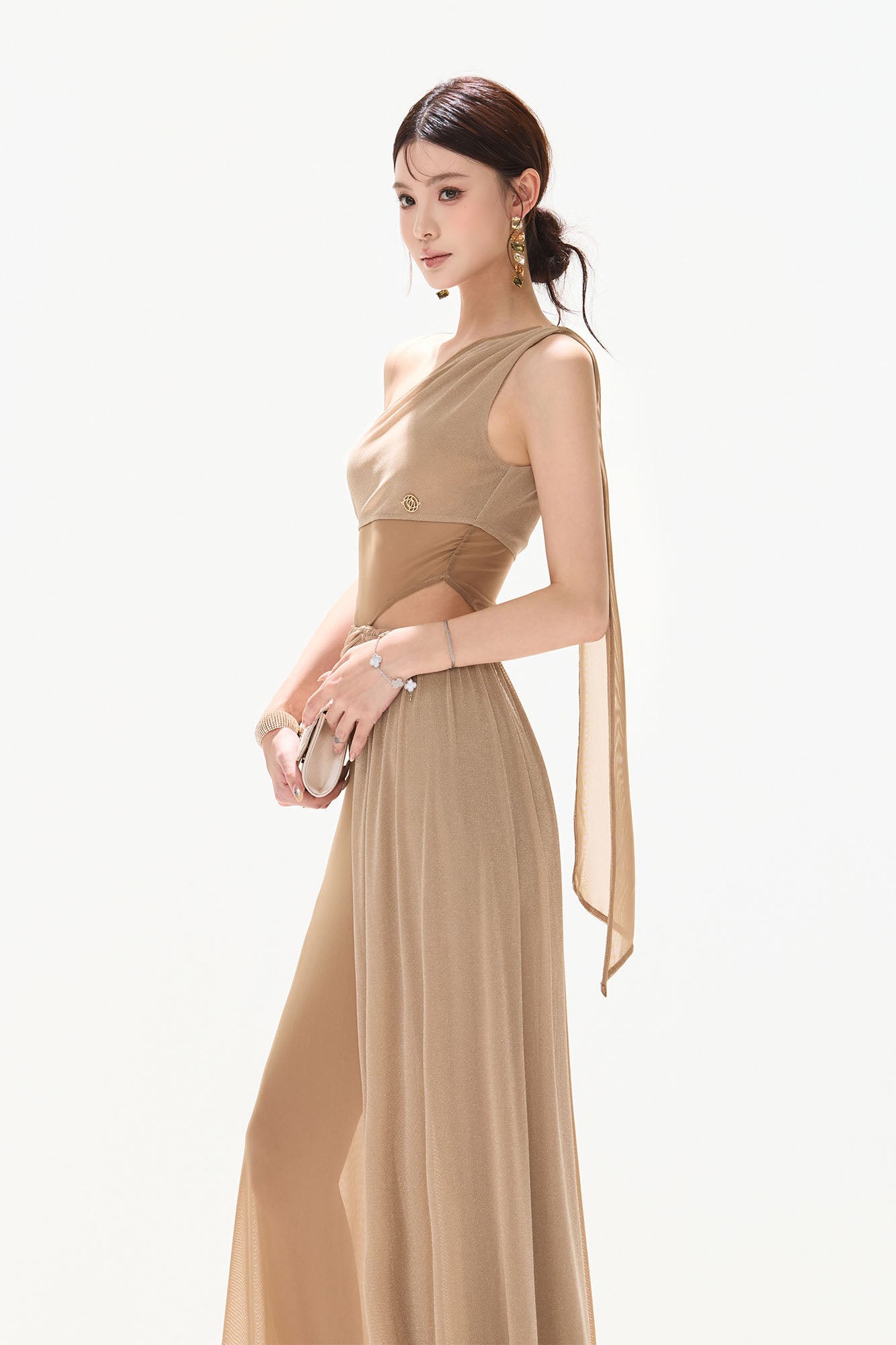 CYNR Asymmetrical Scarf-Tie Sheer Maxi Dress