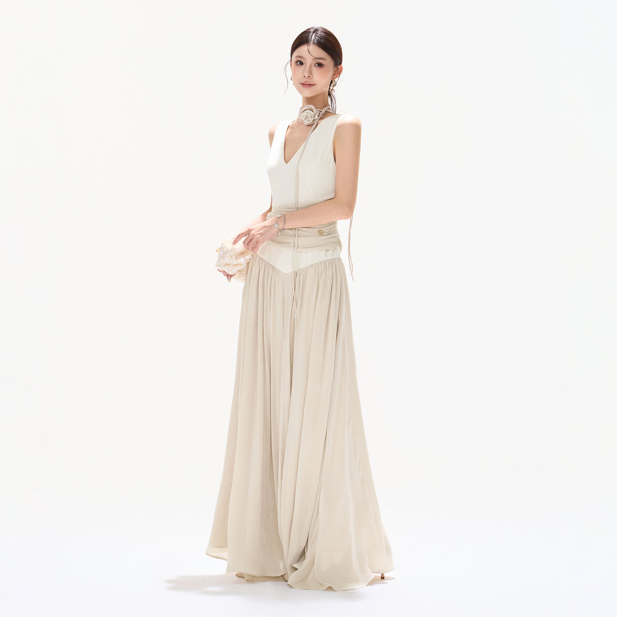 CYNR  V-Neck Draped-Waist Chiffon Maxi Dress