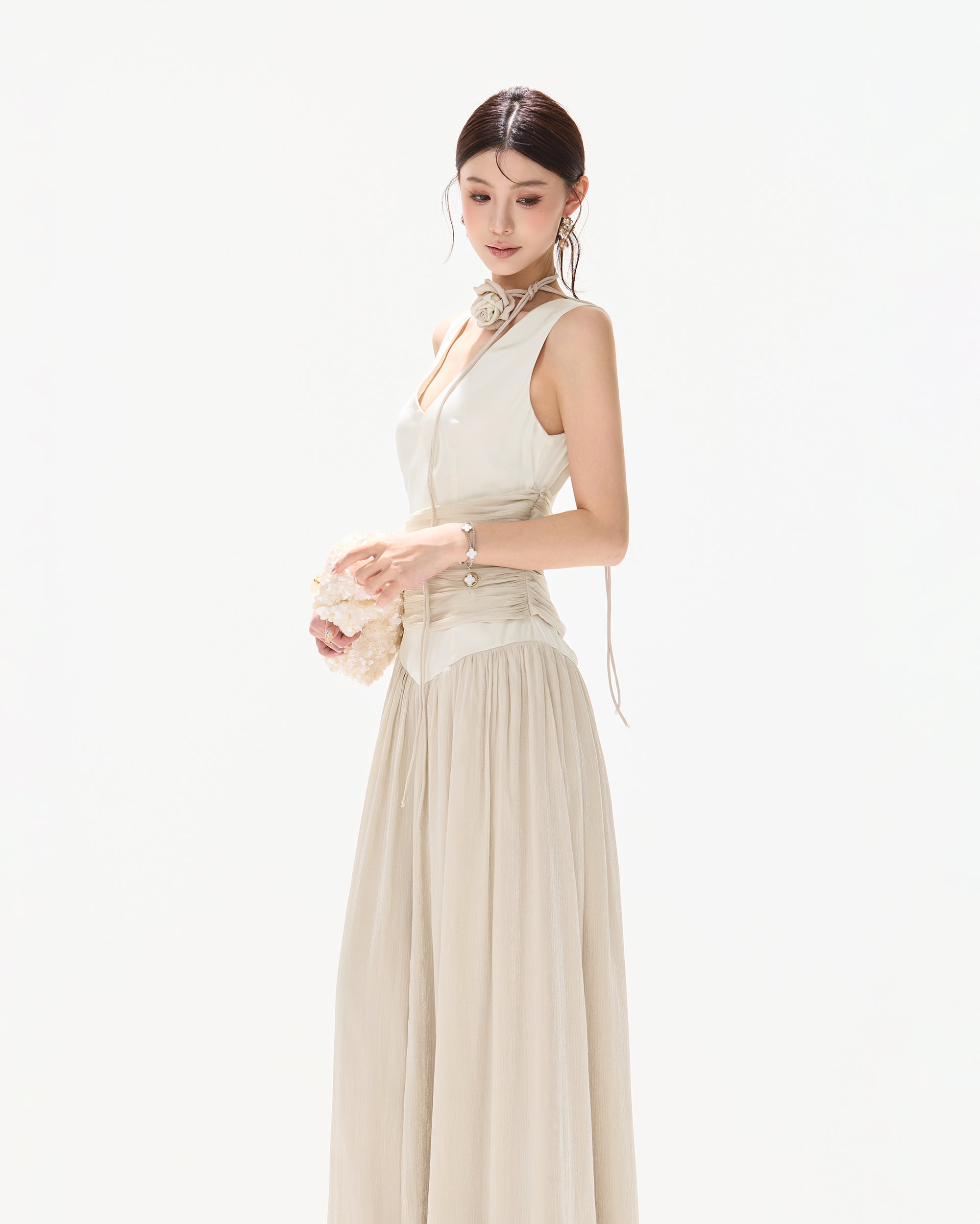 CYNR  V-Neck Draped-Waist Chiffon Maxi Dress
