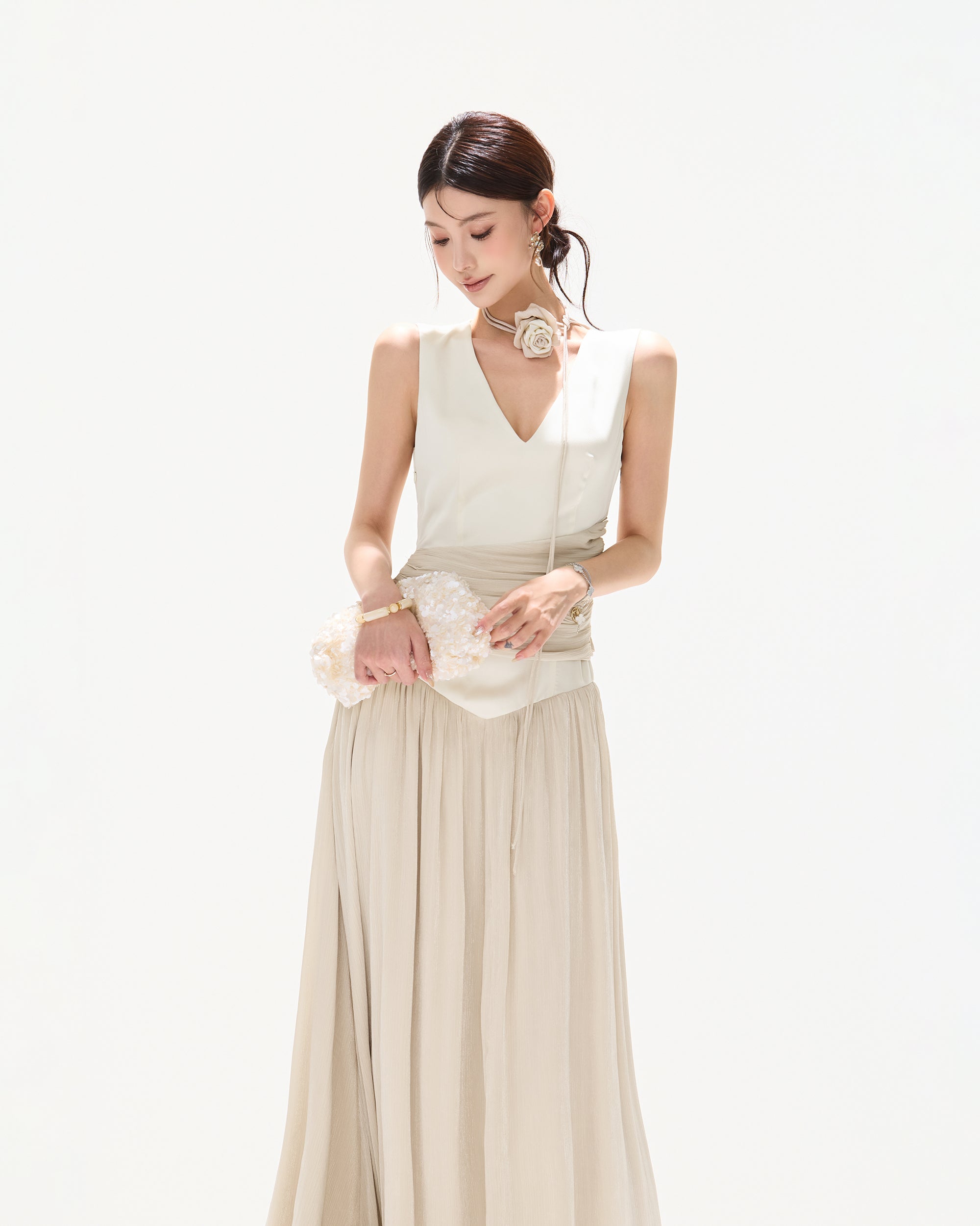 CYNR  V-Neck Draped-Waist Chiffon Maxi Dress