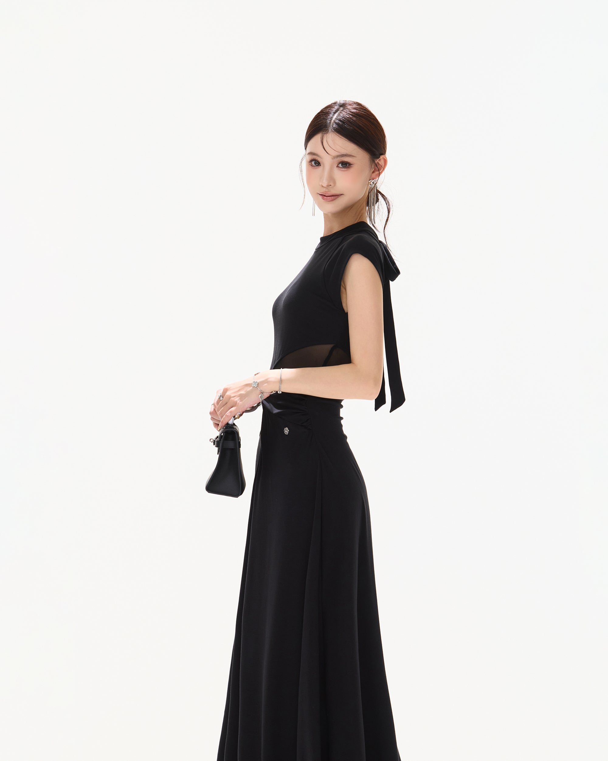 CYNR Twisted Waist Sheer Cap-Sleeve Maxi Dress