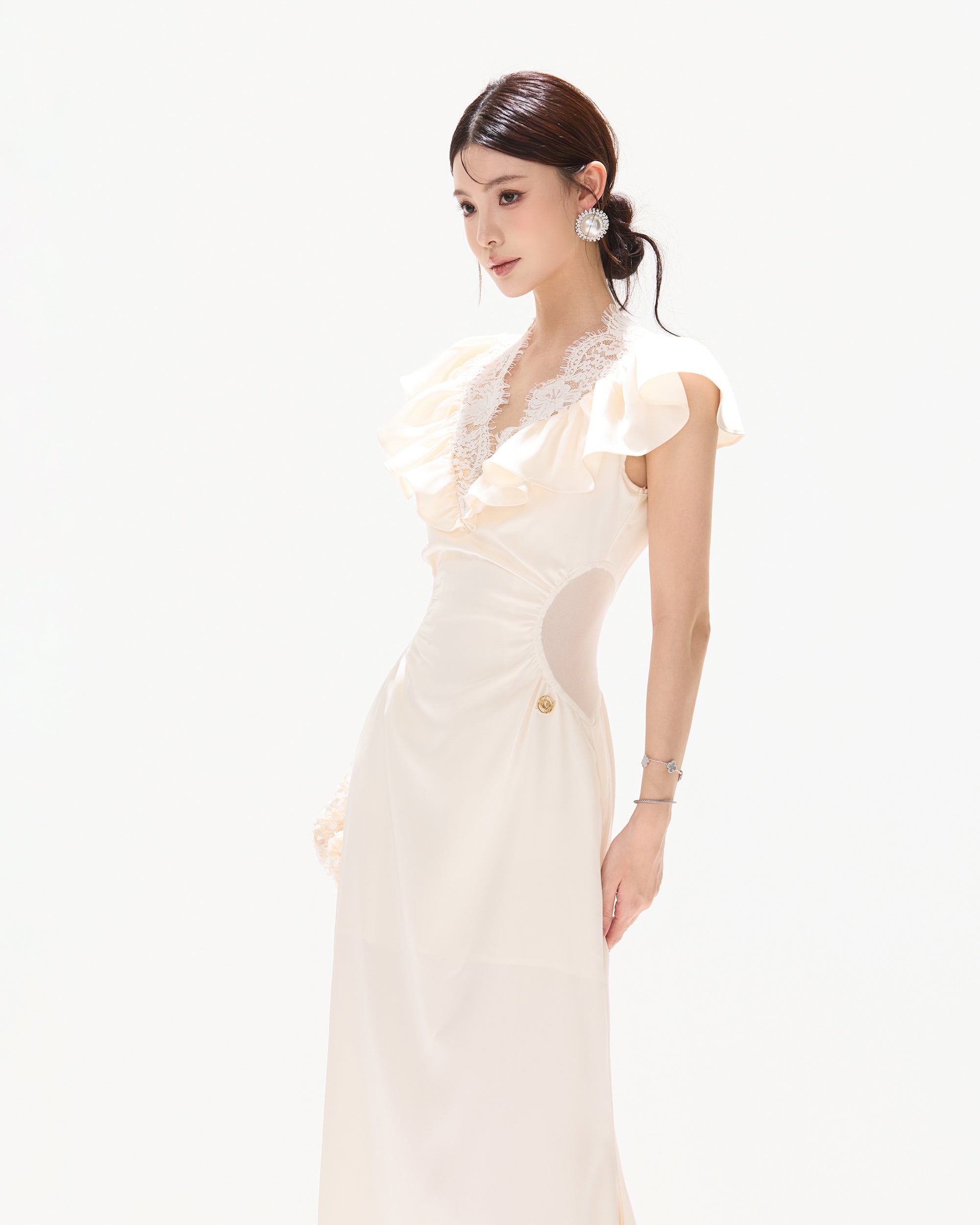 CYNR Ruched Lace V-Neck Cut-Out Waist Dress
