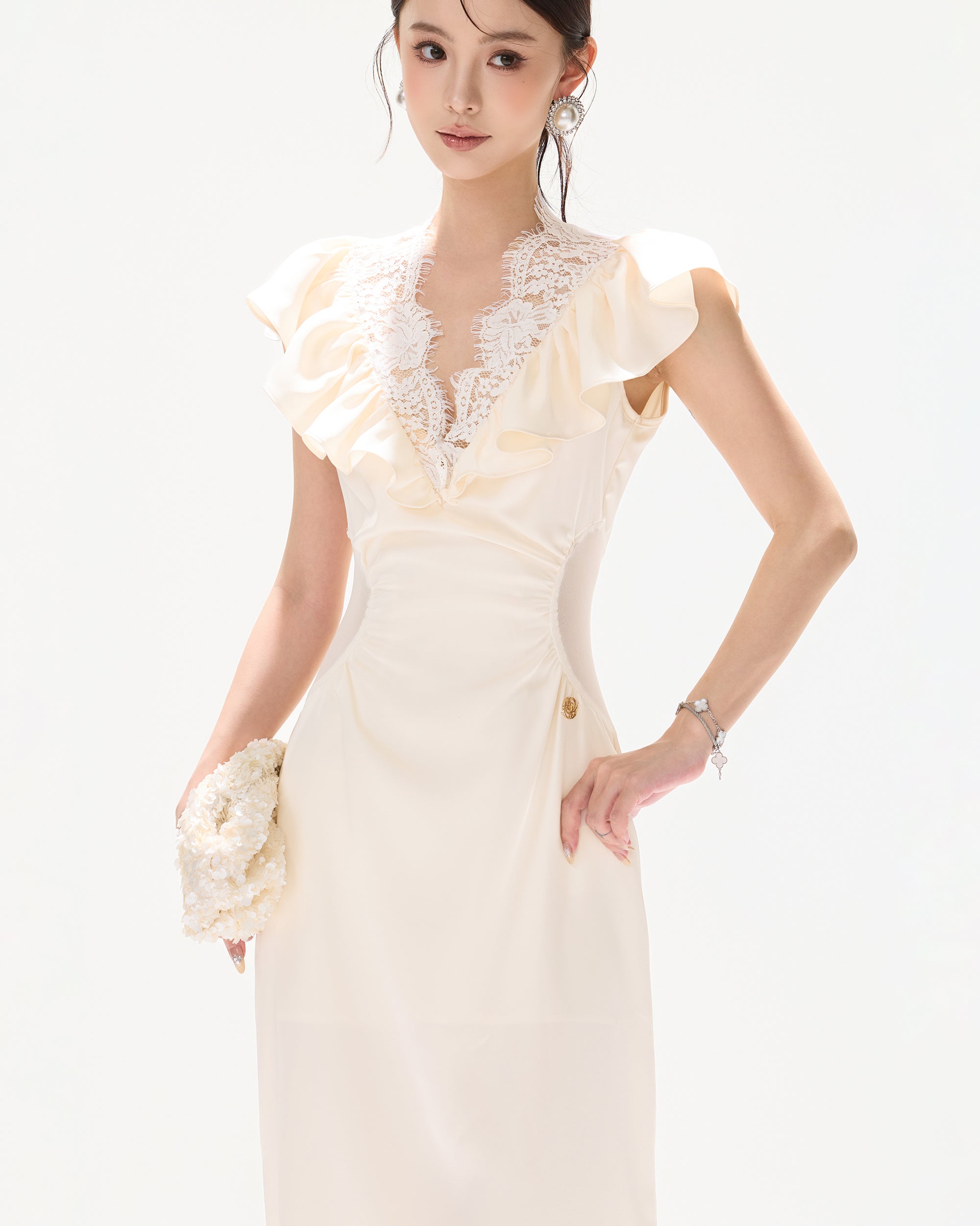 CYNR Ruched Lace V-Neck Cut-Out Waist Dress