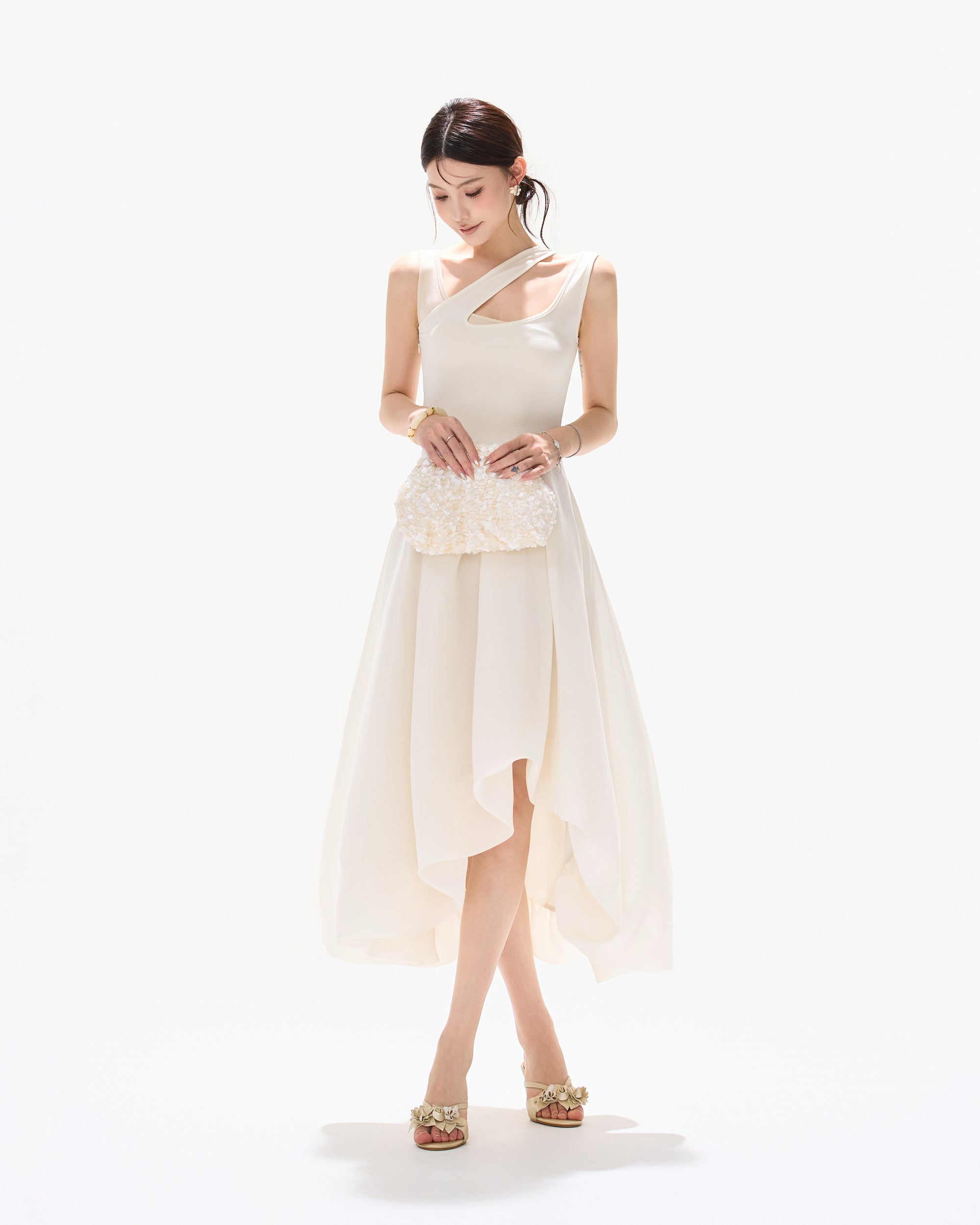 CYNR Cut-Out Neckline Asymmetrical Chiffon Midi Dress