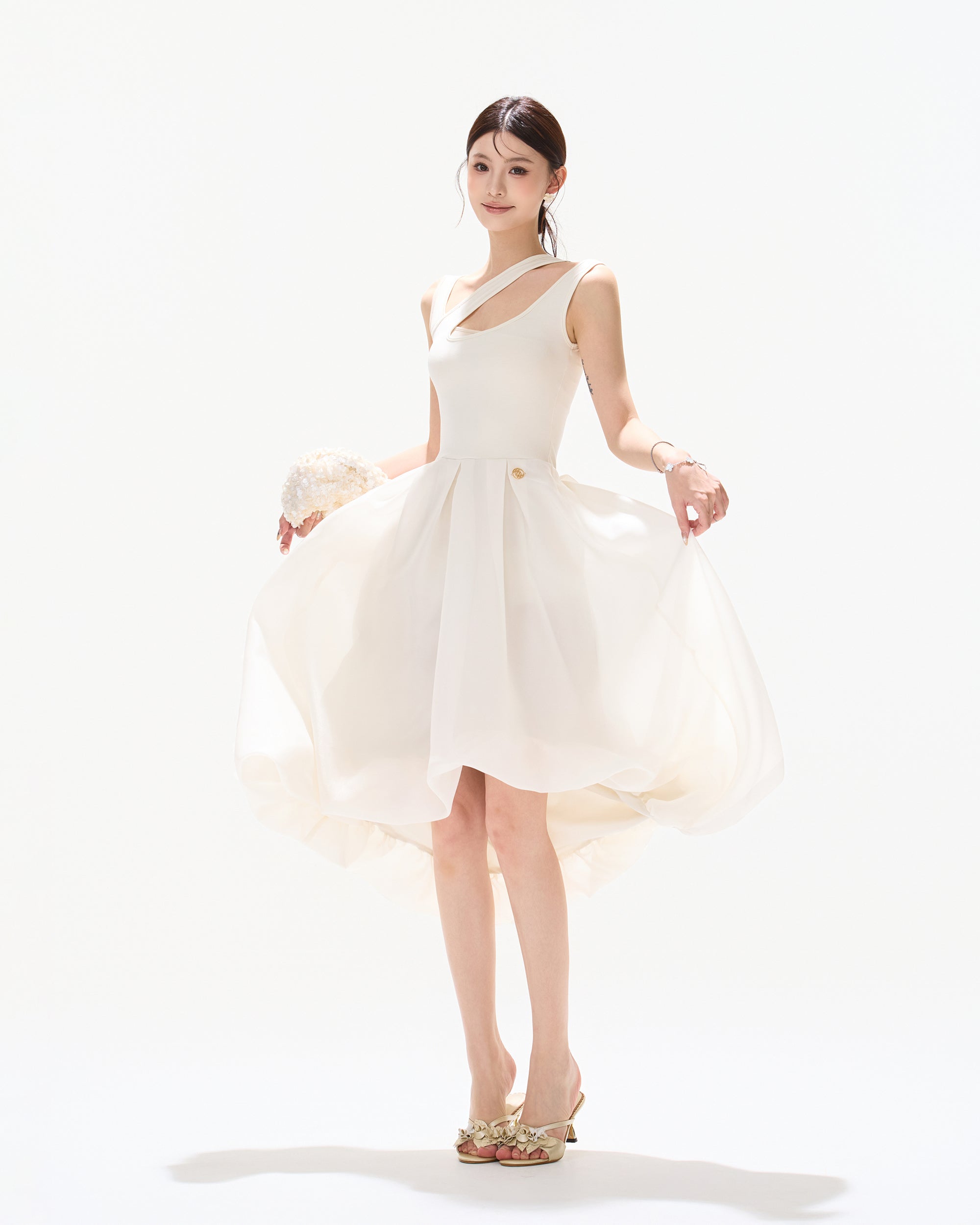 CYNR Cut-Out Neckline Asymmetrical Chiffon Midi Dress