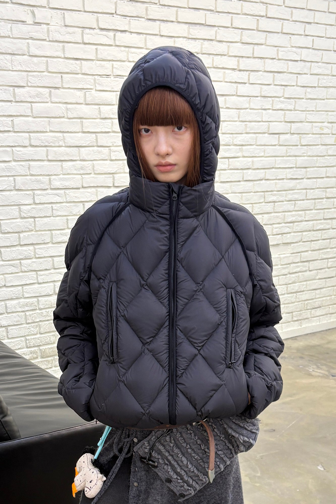 NEVERSEEZ Argyle-Quilted Detachable Hood Duck Down Jacket
