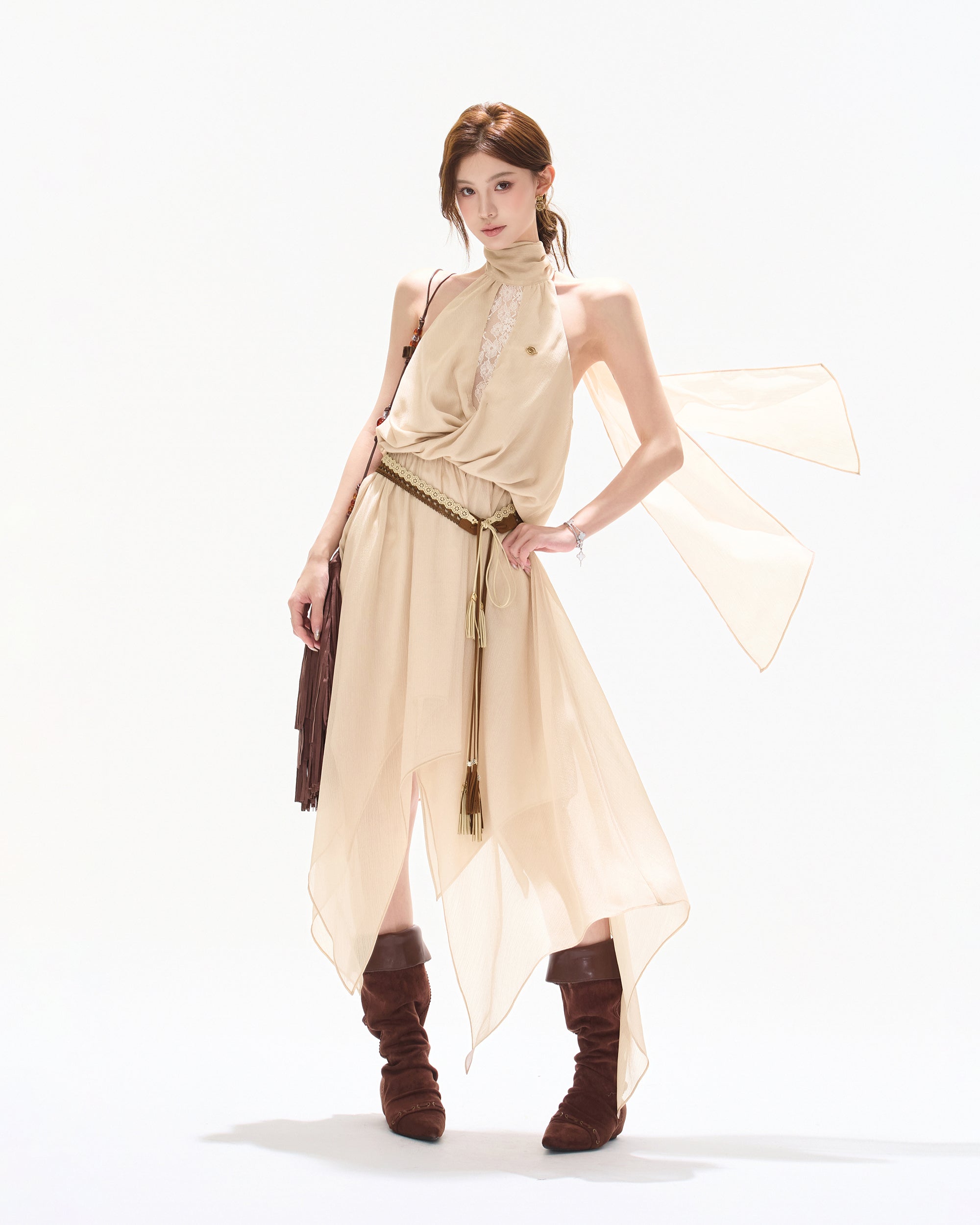 CYNR Asymmetric Lace Chiffon Maxi Dress