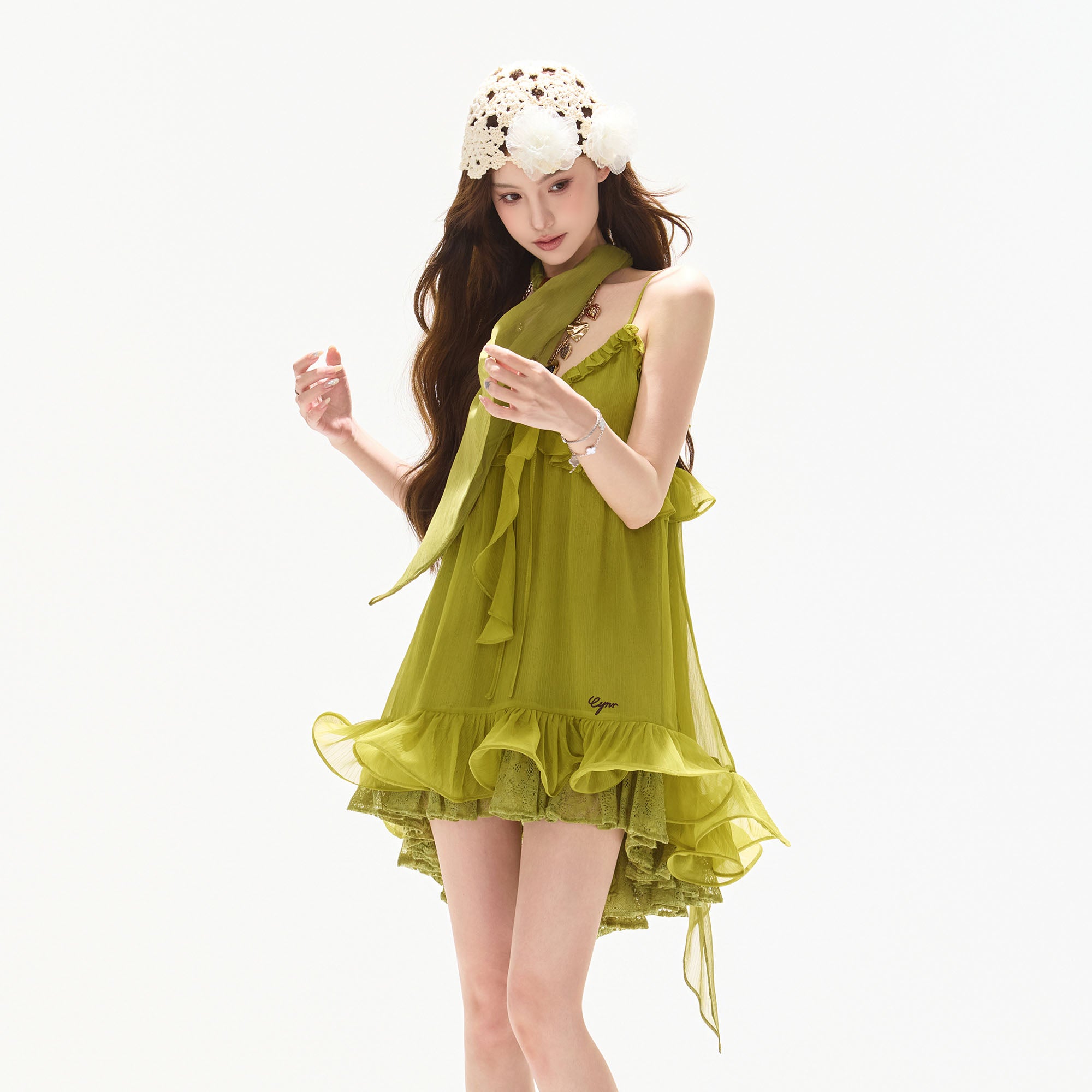 CYNR Ruffled Halter High-Low Mini Dress