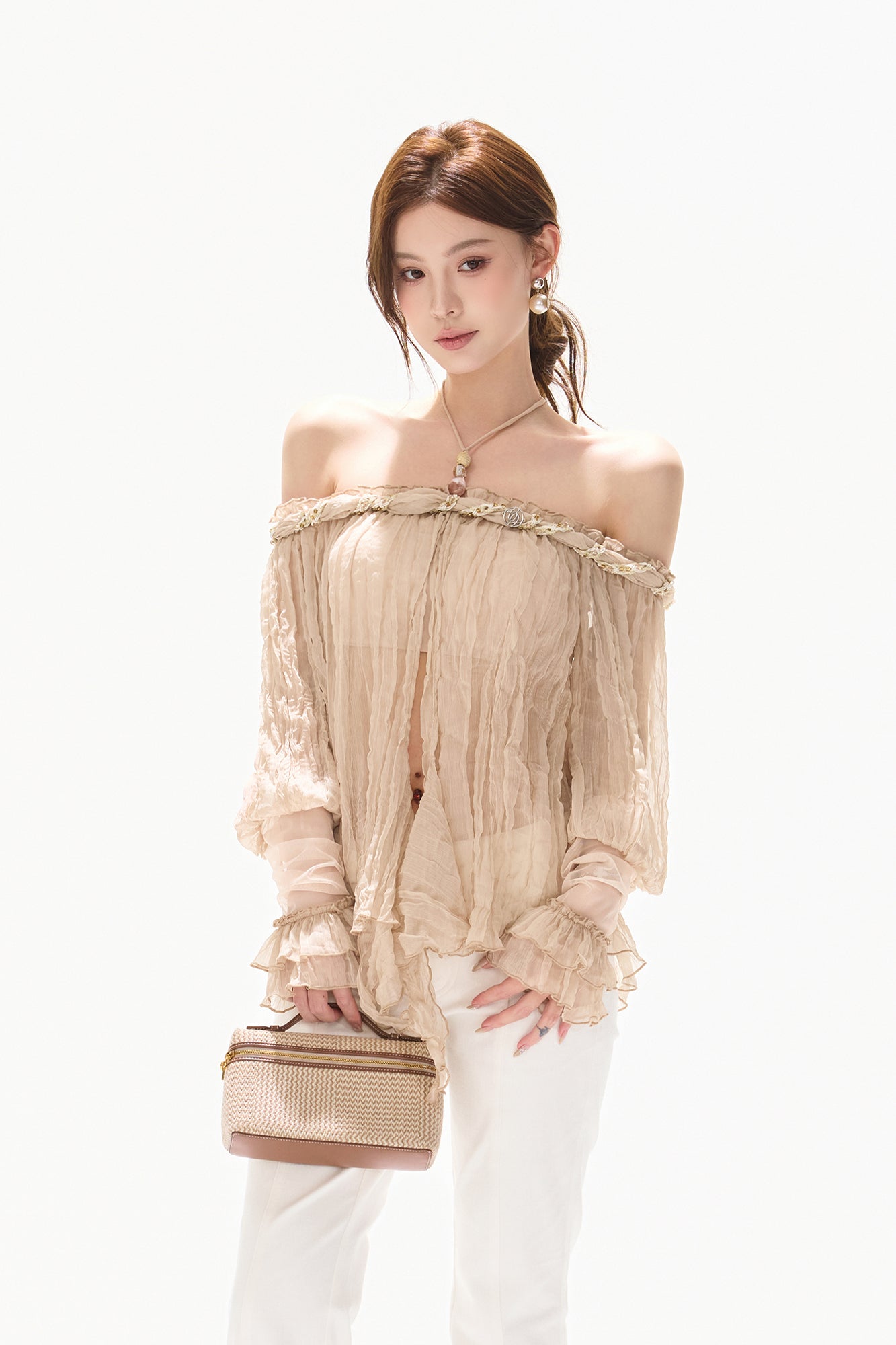 CYNR Off-Shoulder Sheer Crinkled Blouse