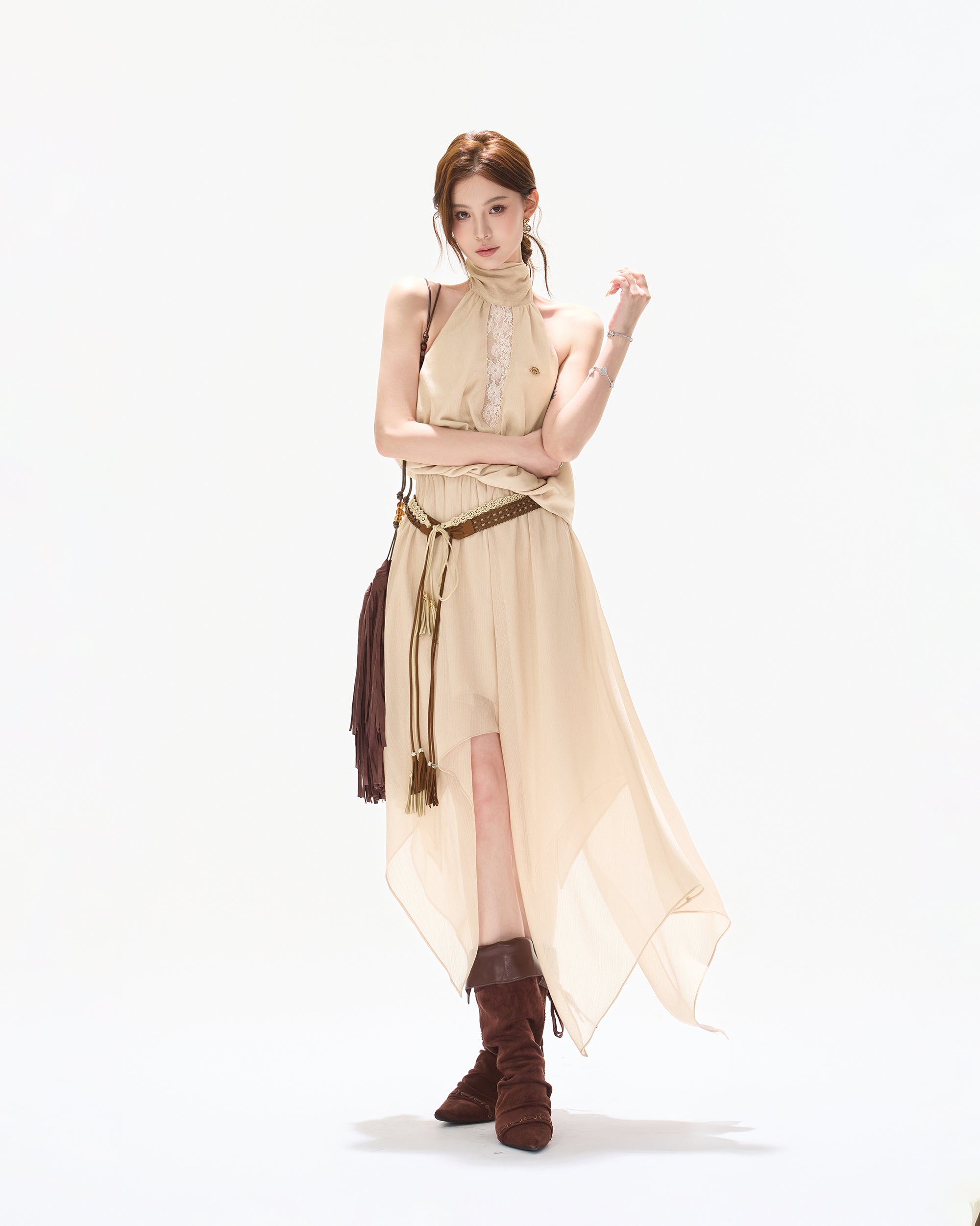 CYNR Asymmetric Lace Chiffon Maxi Dress