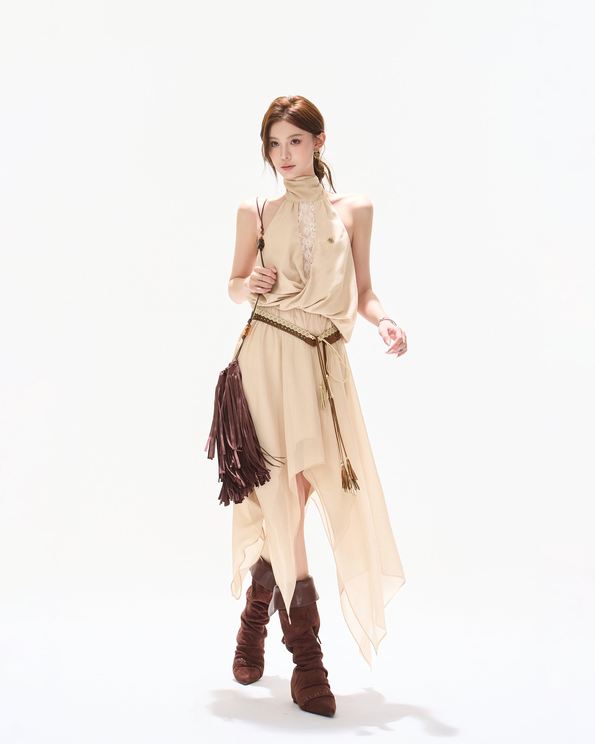 CYNR Asymmetric Lace Chiffon Maxi Dress