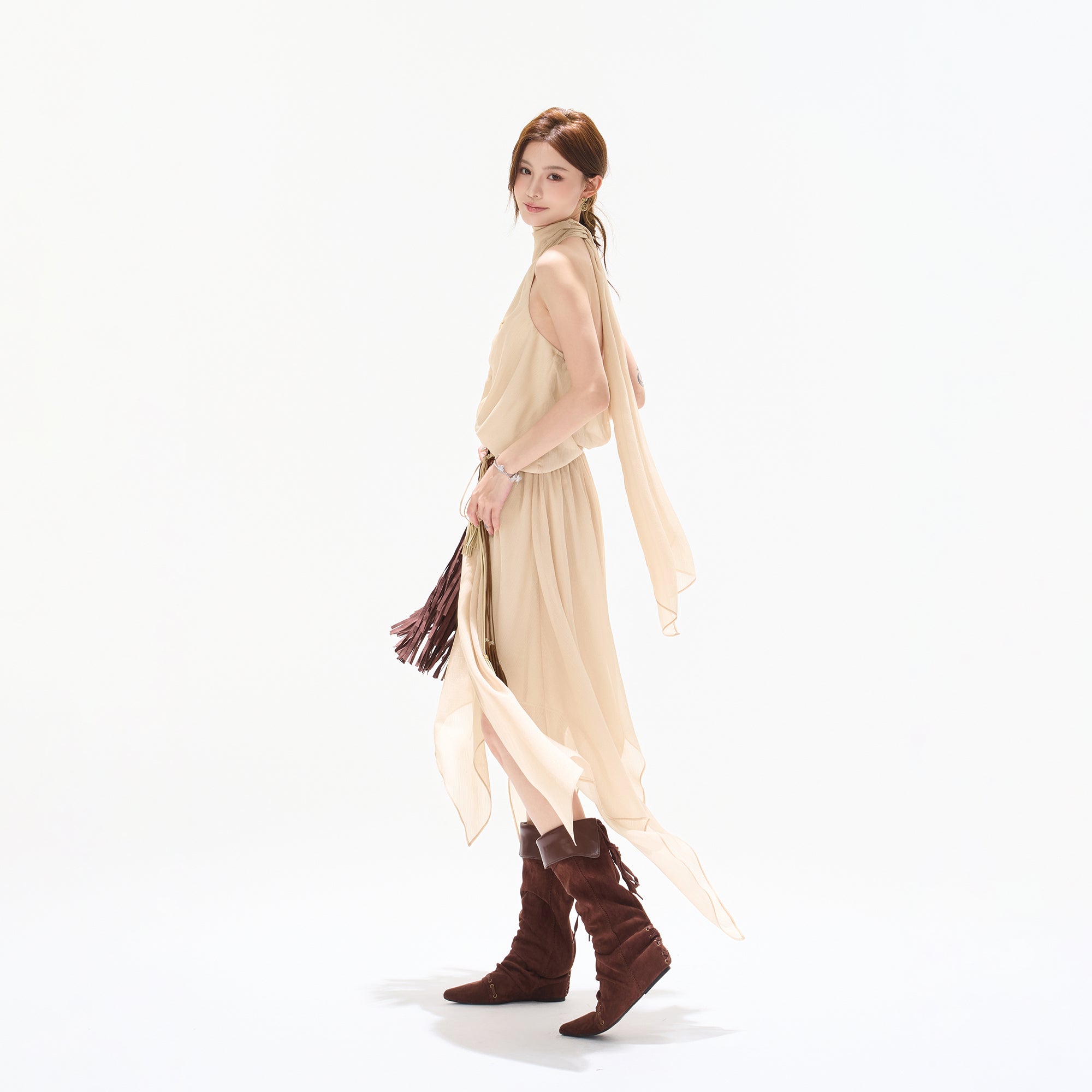CYNR Asymmetric Lace Chiffon Maxi Dress