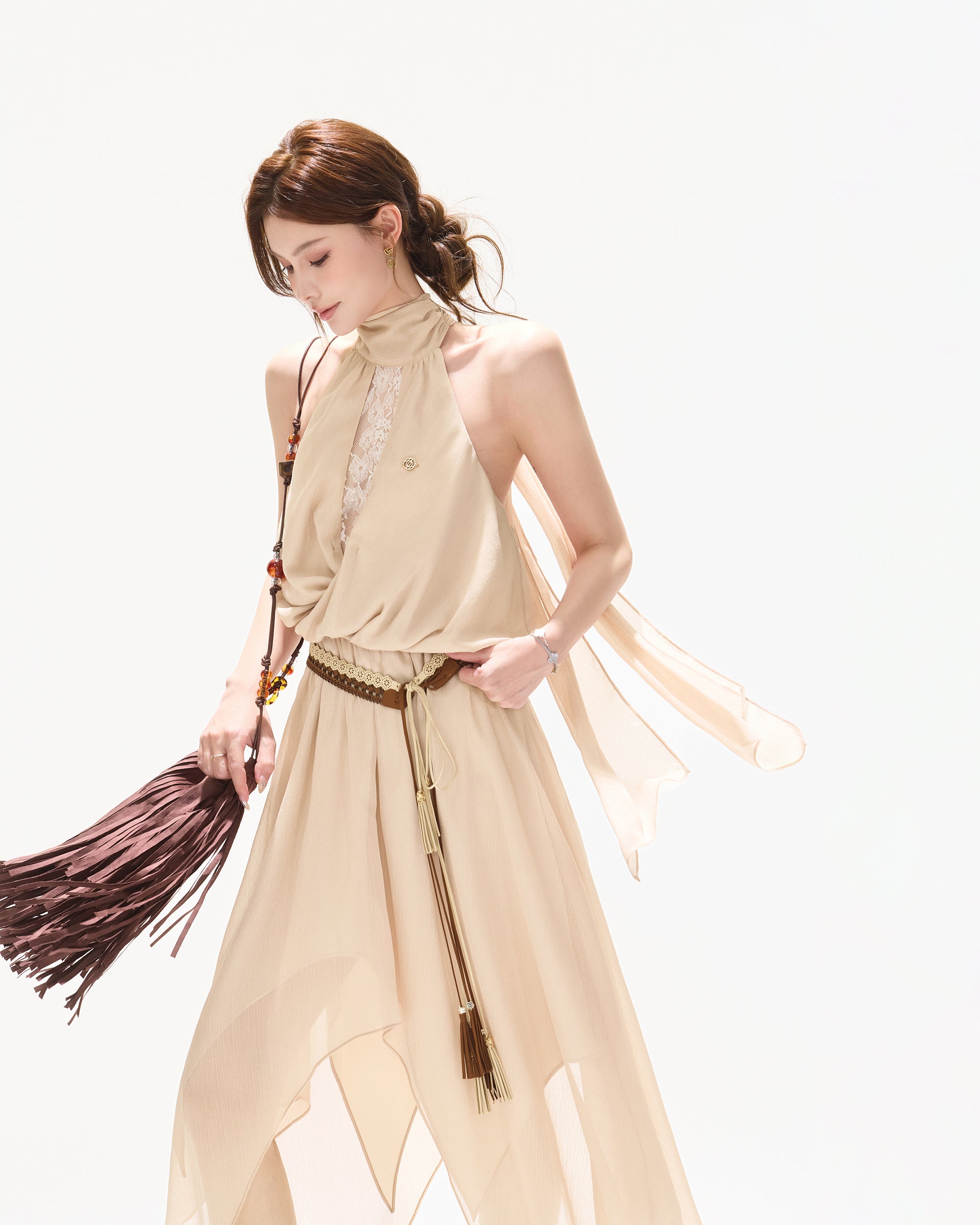 CYNR Asymmetric Lace Chiffon Maxi Dress