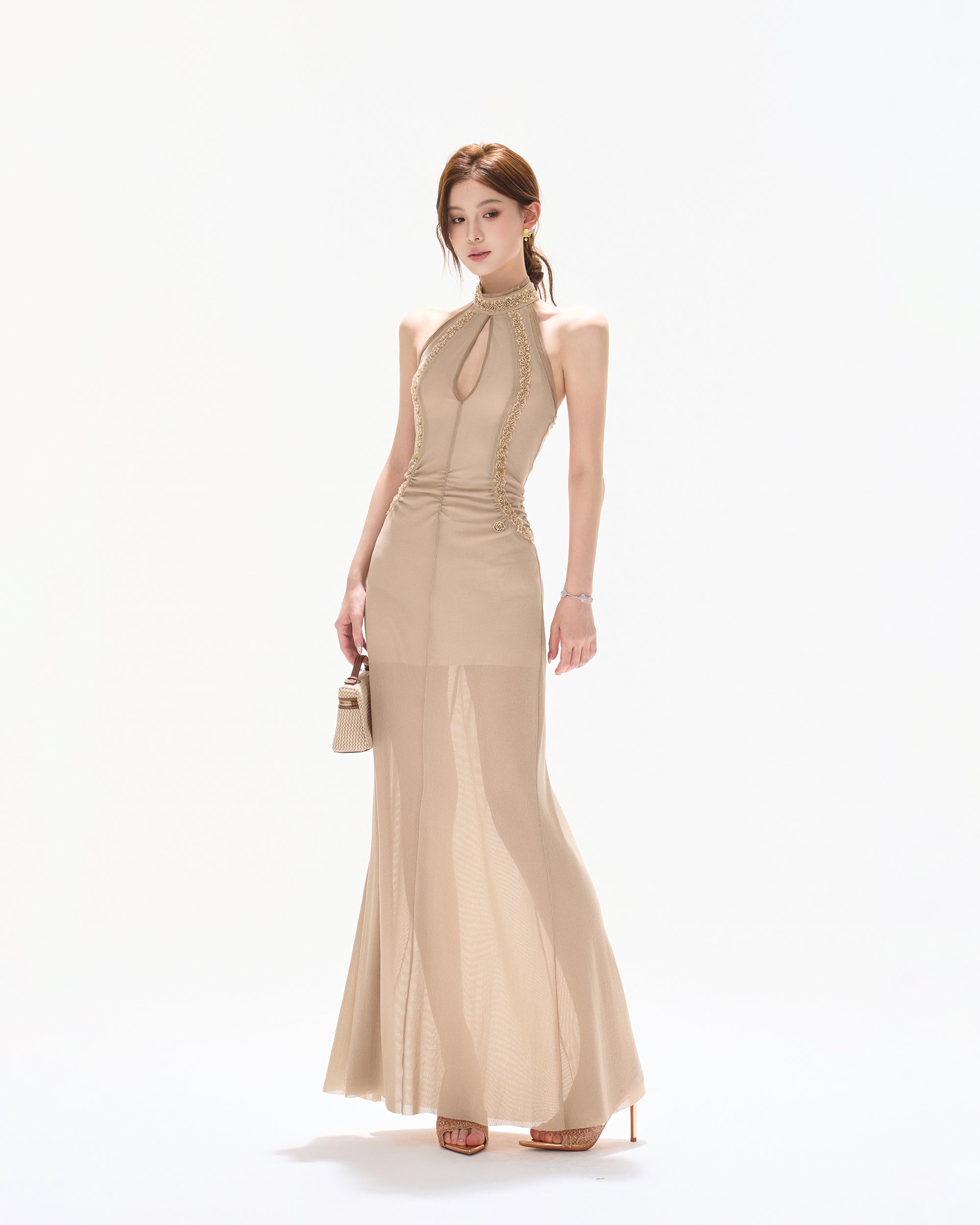 CYNR Embellished Halter Mesh Maxi Dress
