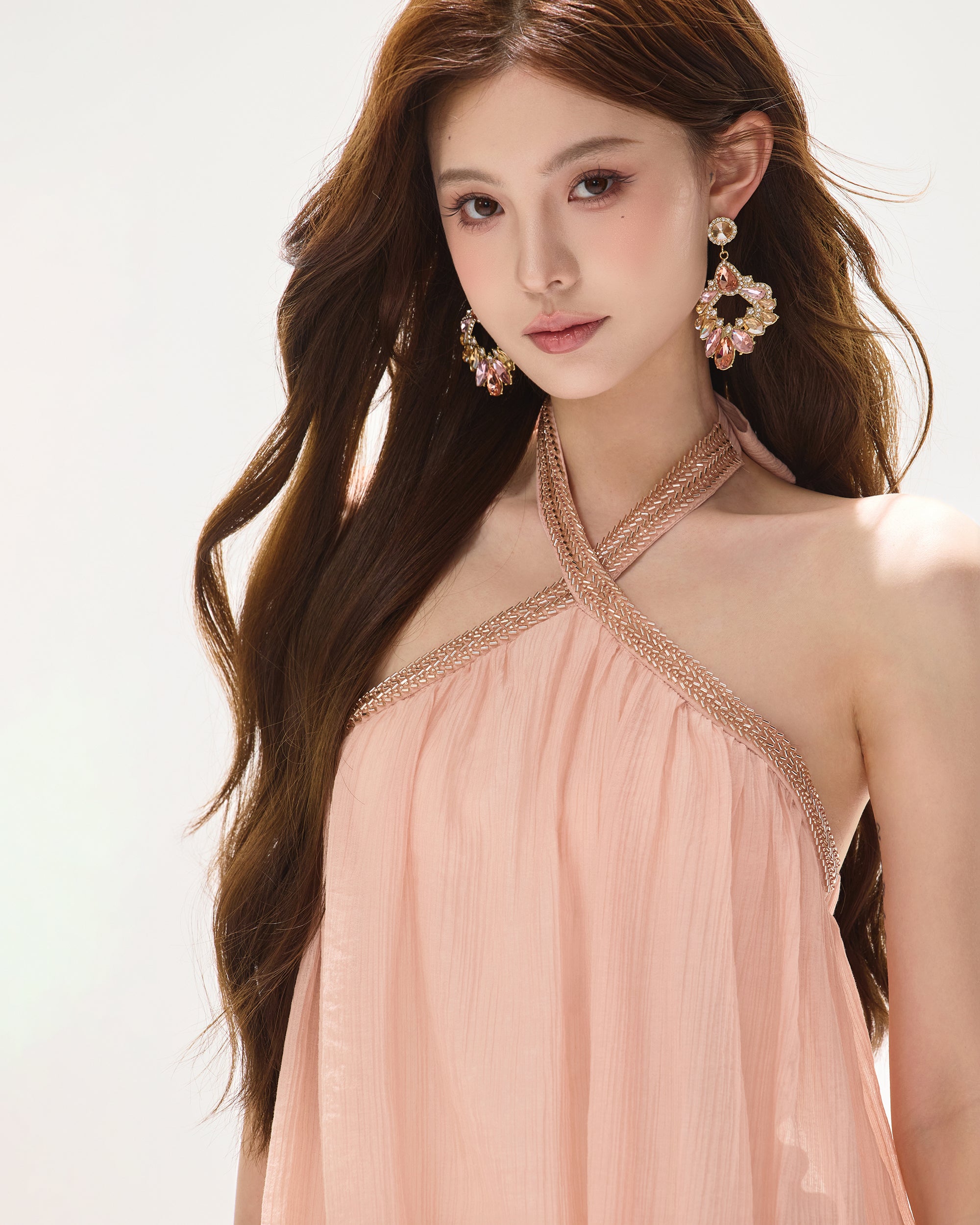 CYNR Beaded Cross-Halter Draped Mini Dress