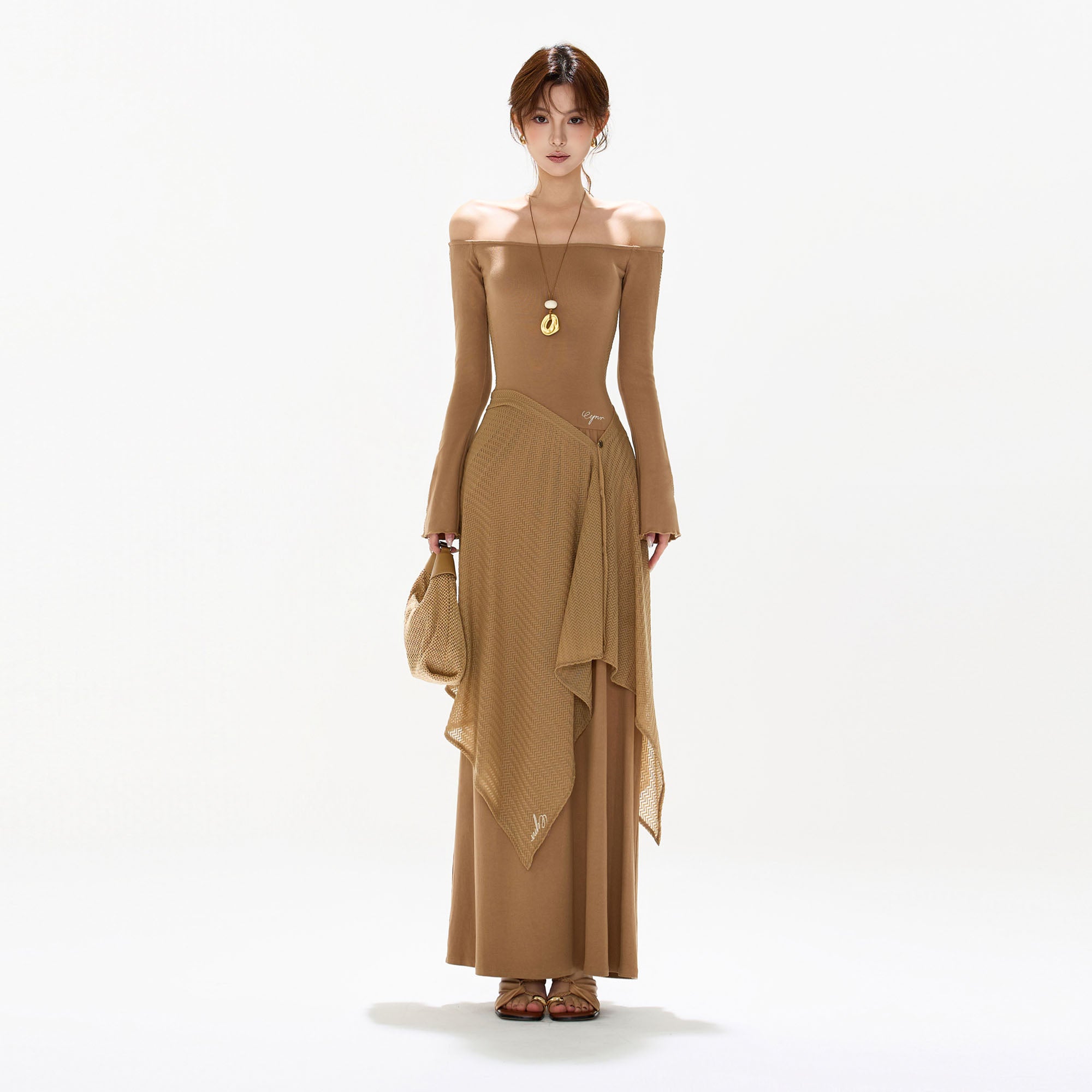 CYGNENOYR Asymmetrical Mesh-Layered Maxi Dress