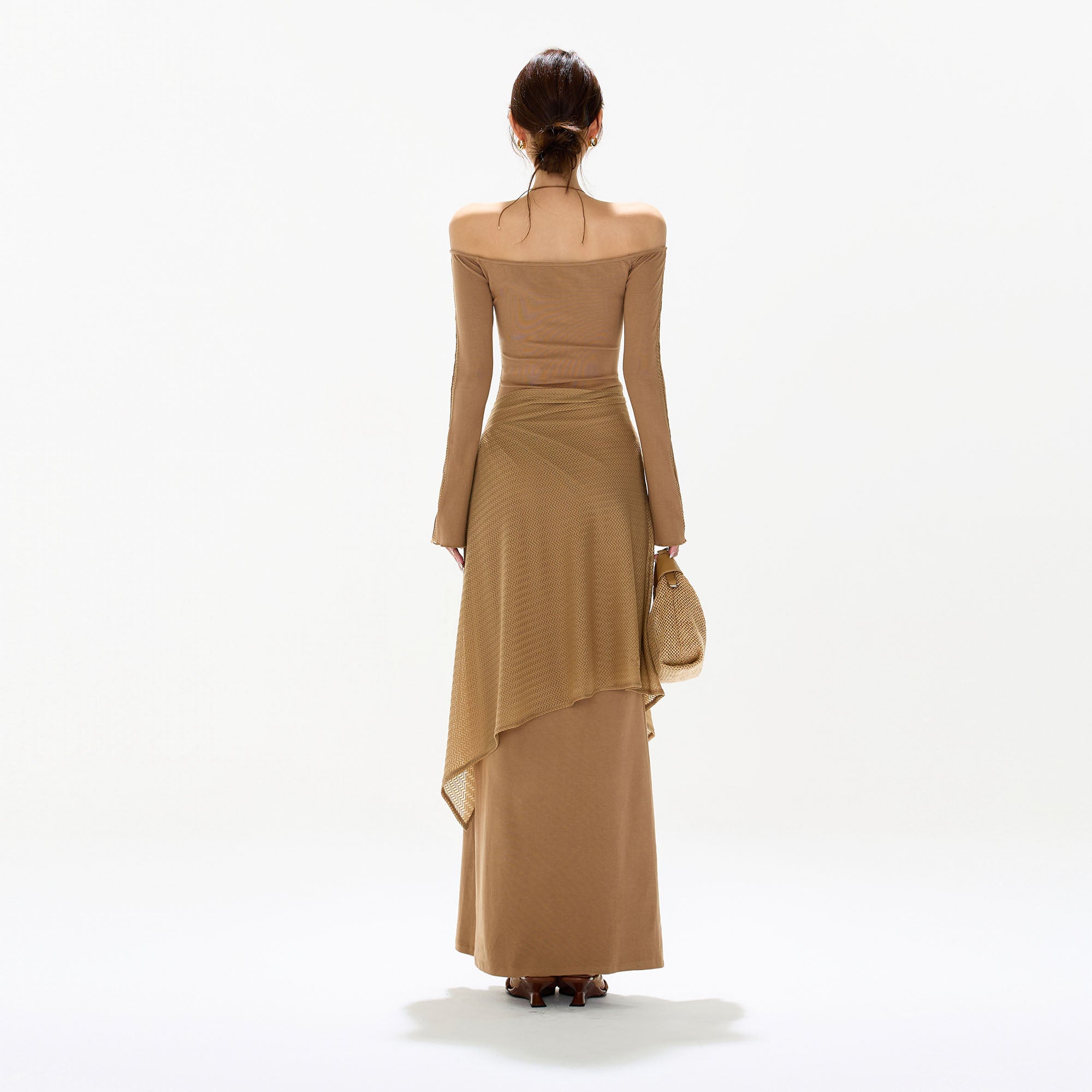 CYGNENOYR Asymmetrical Mesh-Layered Maxi Dress