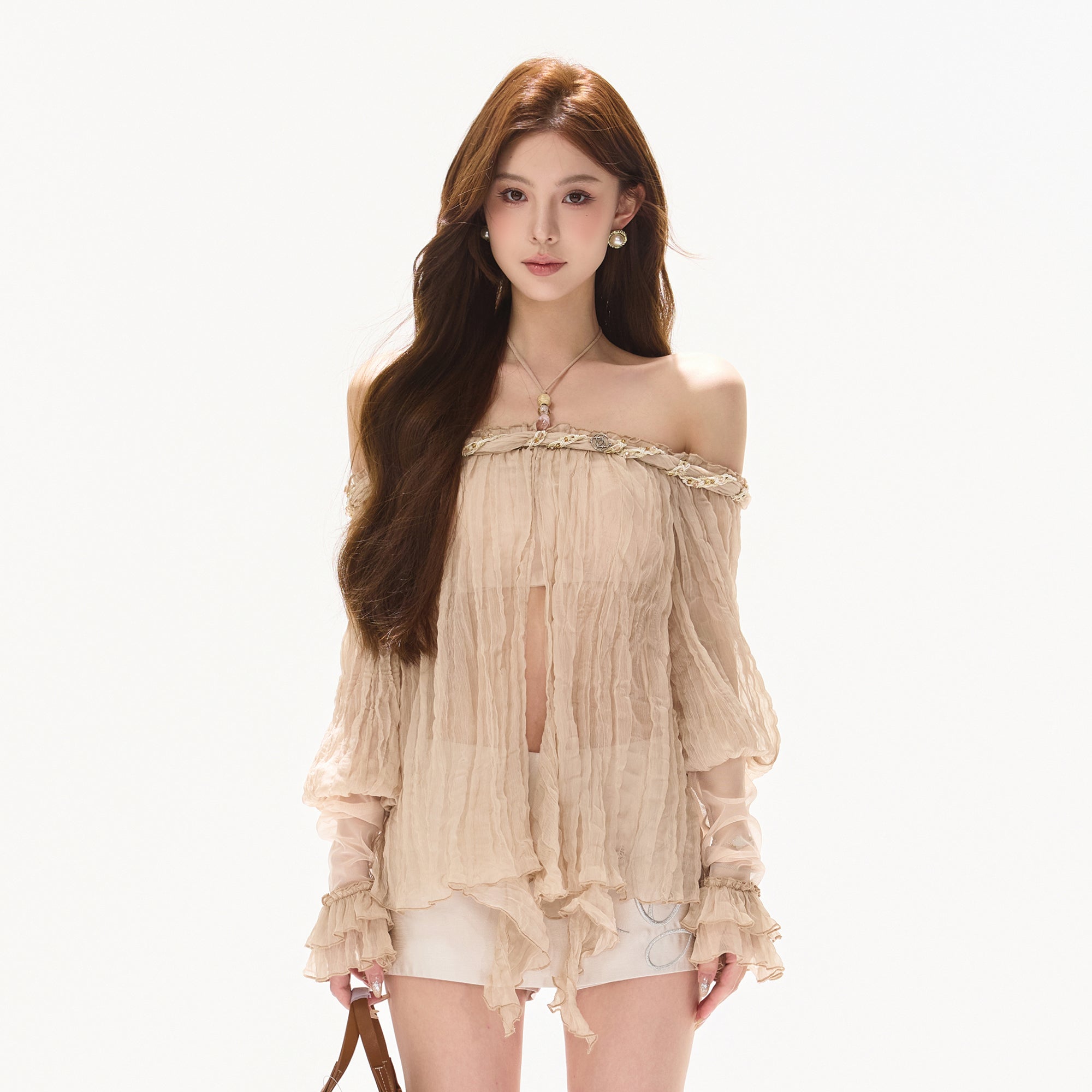CYNR Off-Shoulder Sheer Crinkled Blouse