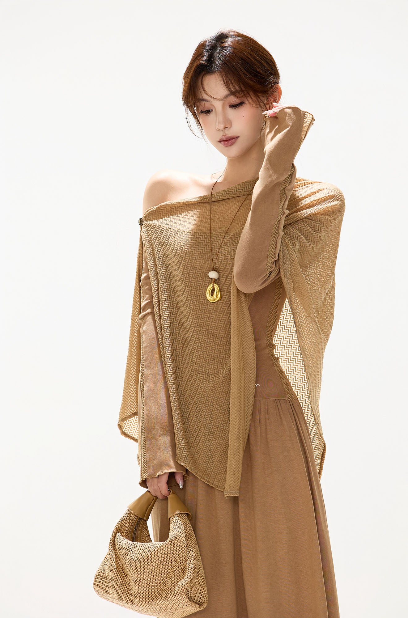 CYGNENOYR Asymmetrical Mesh-Layered Maxi Dress