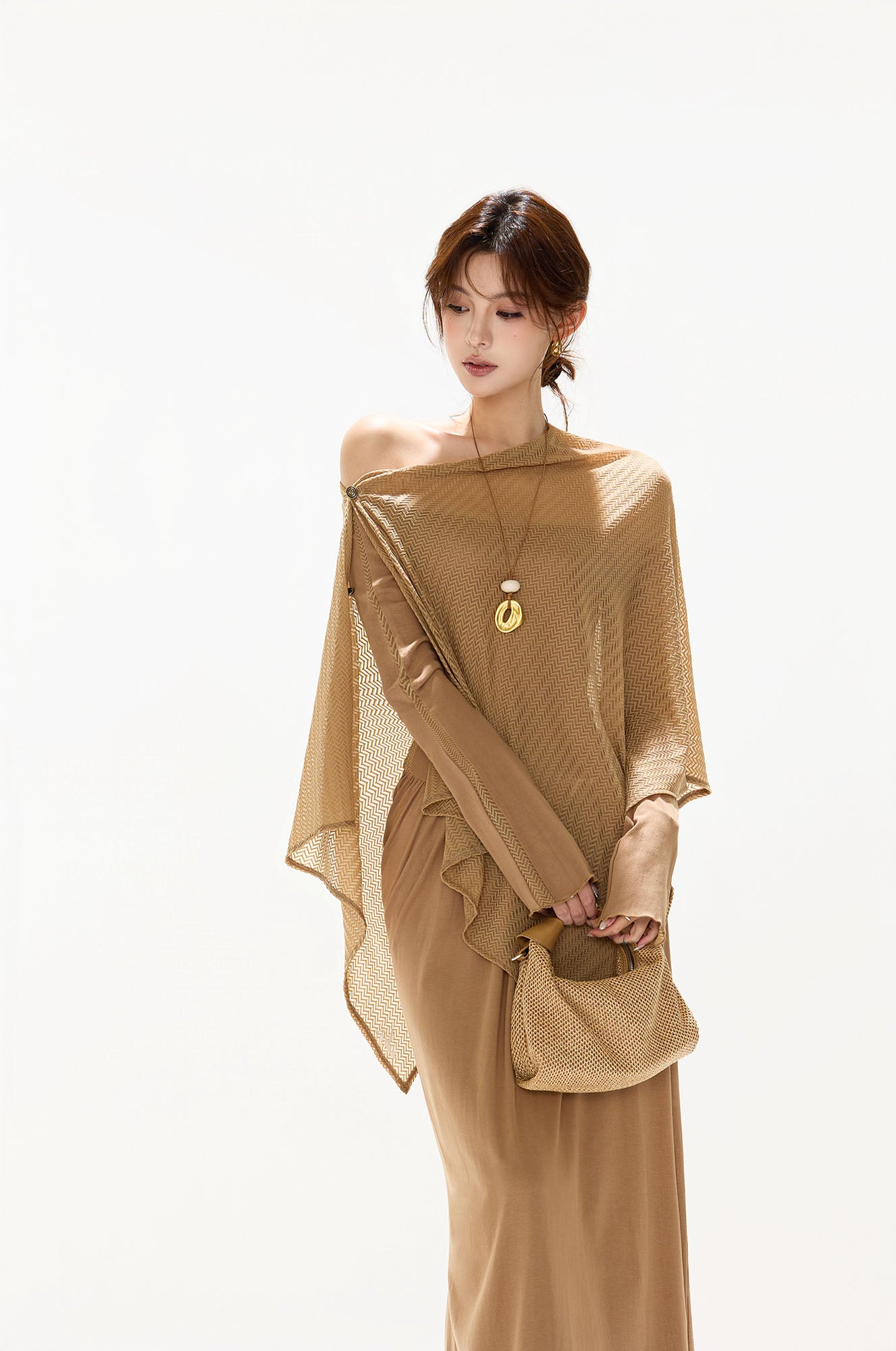 CYGNENOYR Asymmetrical Mesh-Layered Maxi Dress