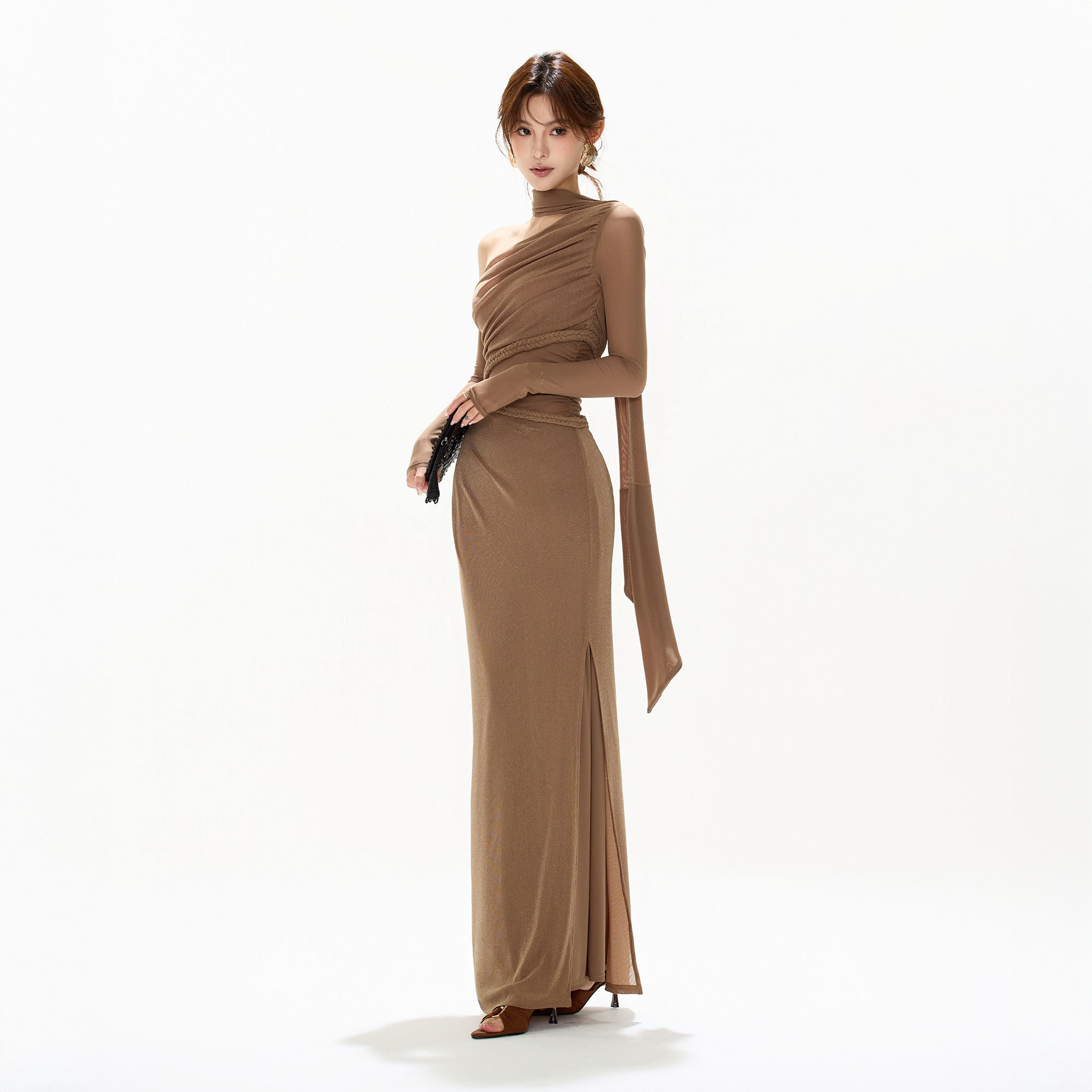 CYGNENOYR Asymmetrical Mesh-Sleeve Slit Maxi Dress