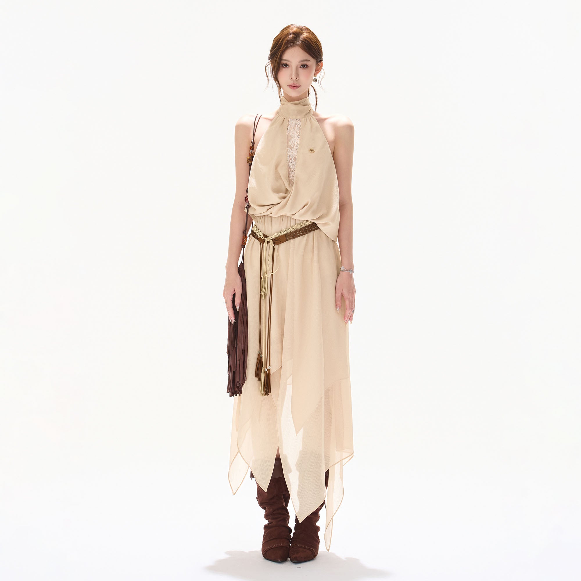 CYNR Asymmetric Lace Chiffon Maxi Dress