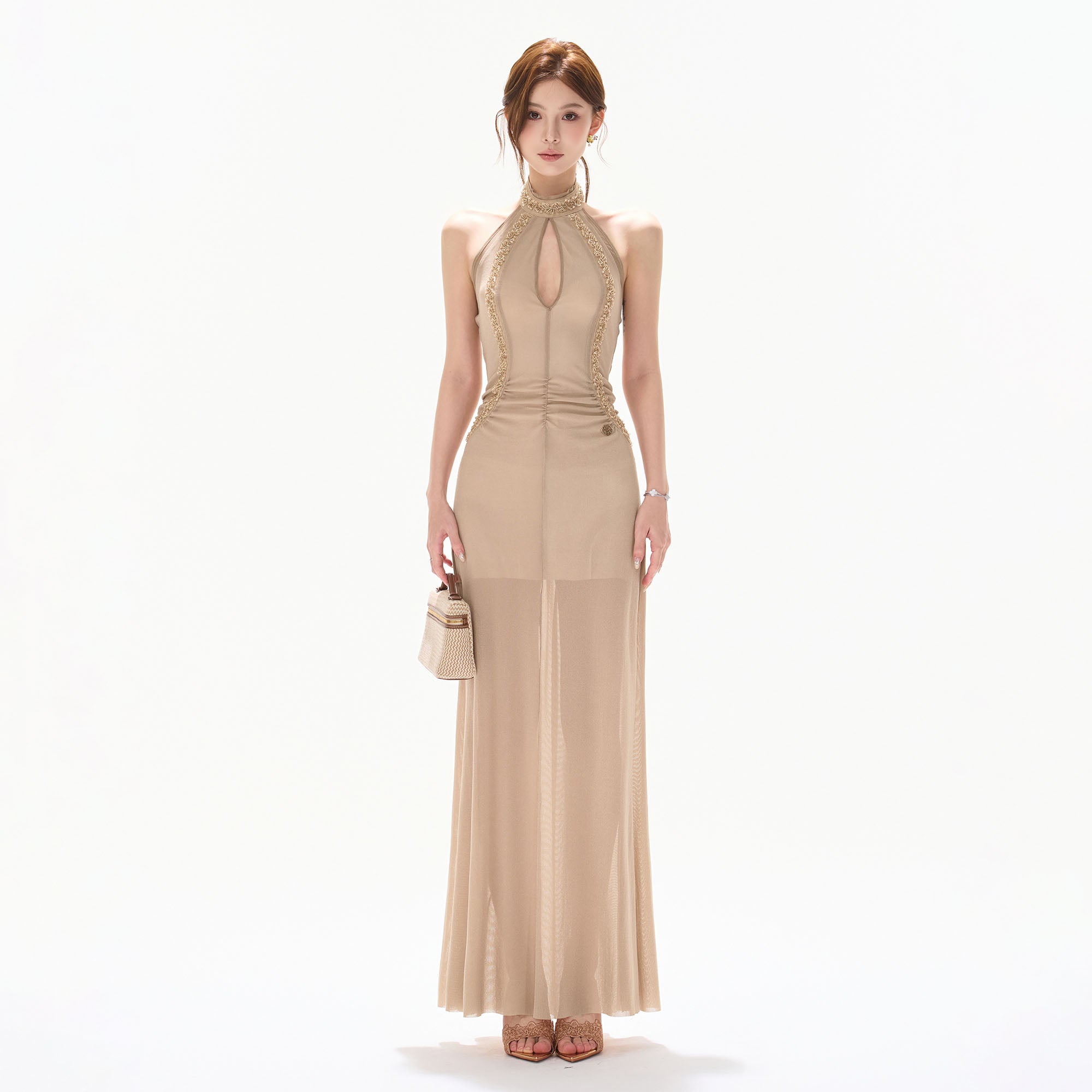 CYNR Embellished Halter Mesh Maxi Dress
