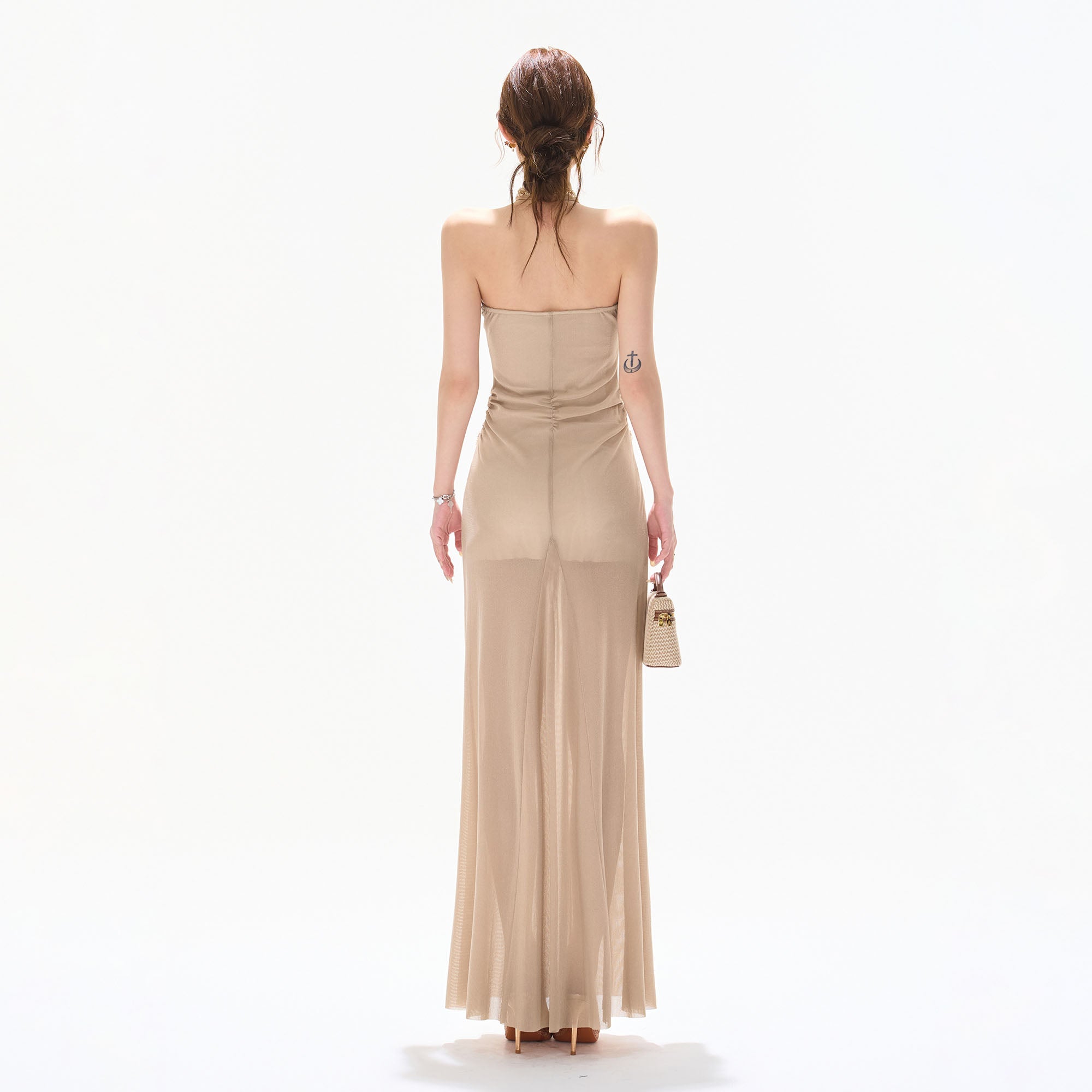 CYNR Embellished Halter Mesh Maxi Dress