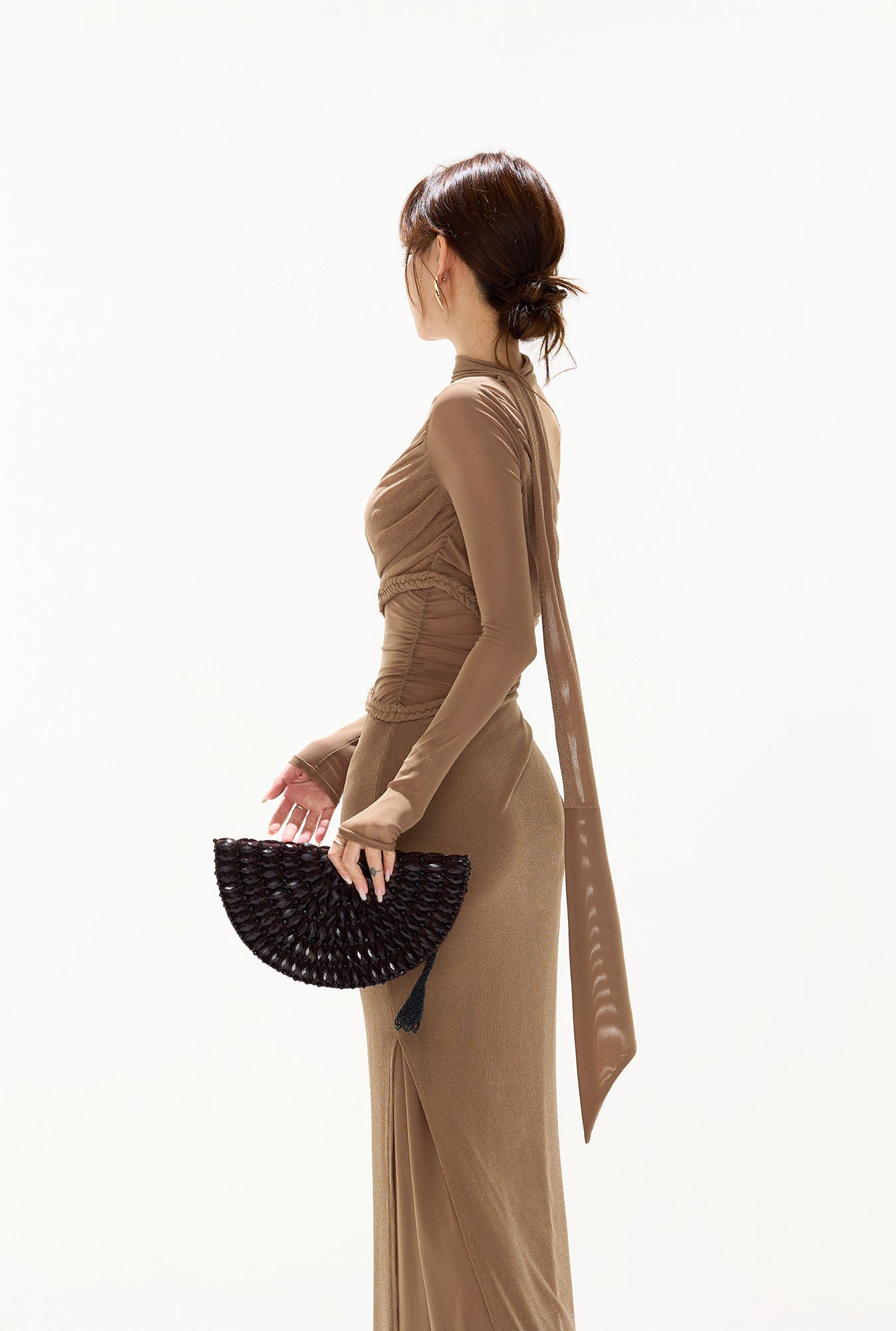 CYGNENOYR Asymmetrical Mesh-Sleeve Slit Maxi Dress