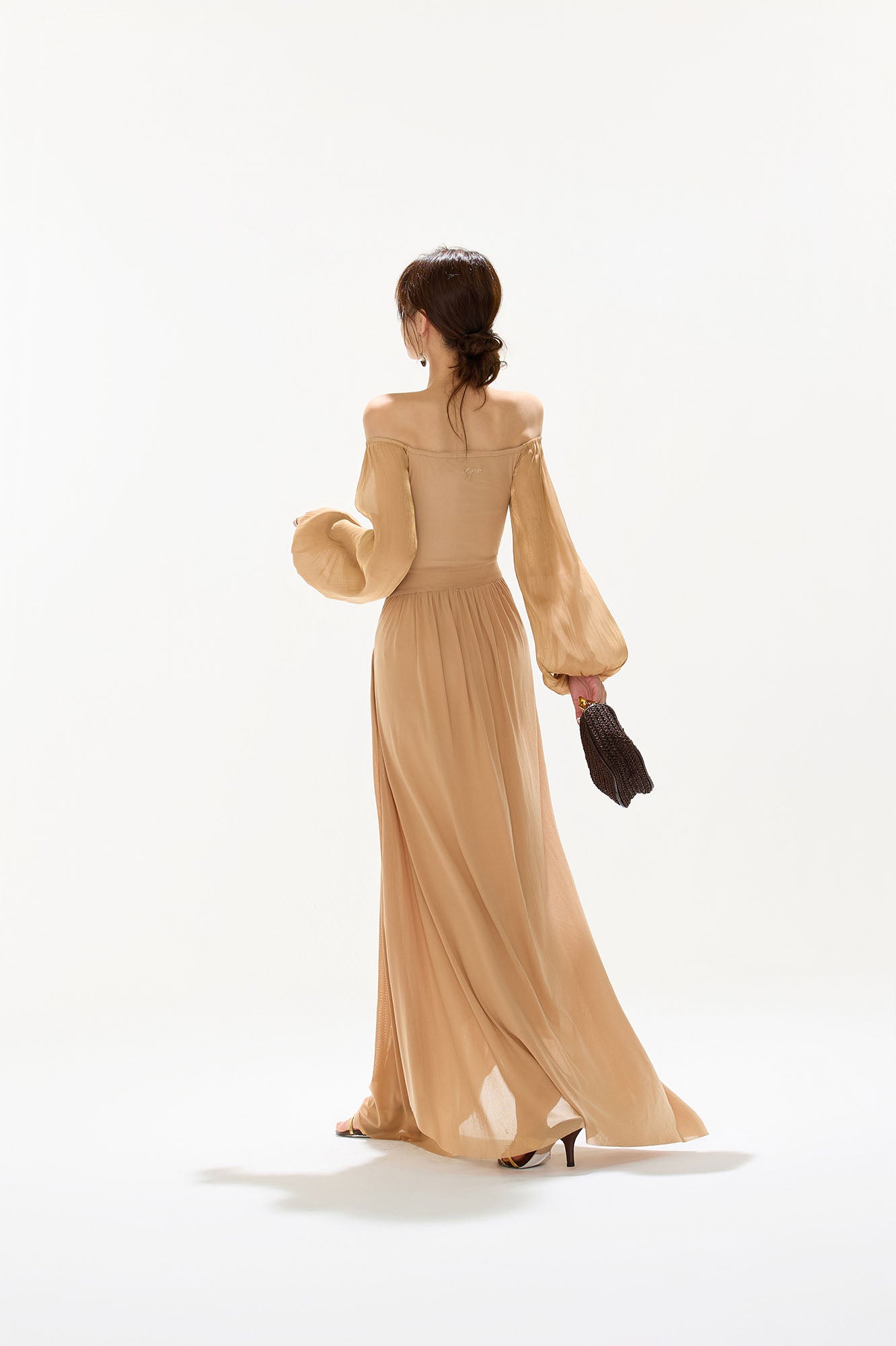 CYGNENOYR Twist-Front Off-Shoulder Chiffon Maxi Dress