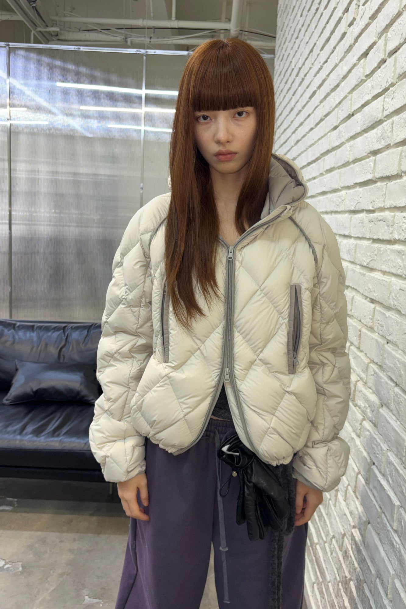 NEVERSEEZ Argyle-Quilted Detachable Hood Duck Down Jacket
