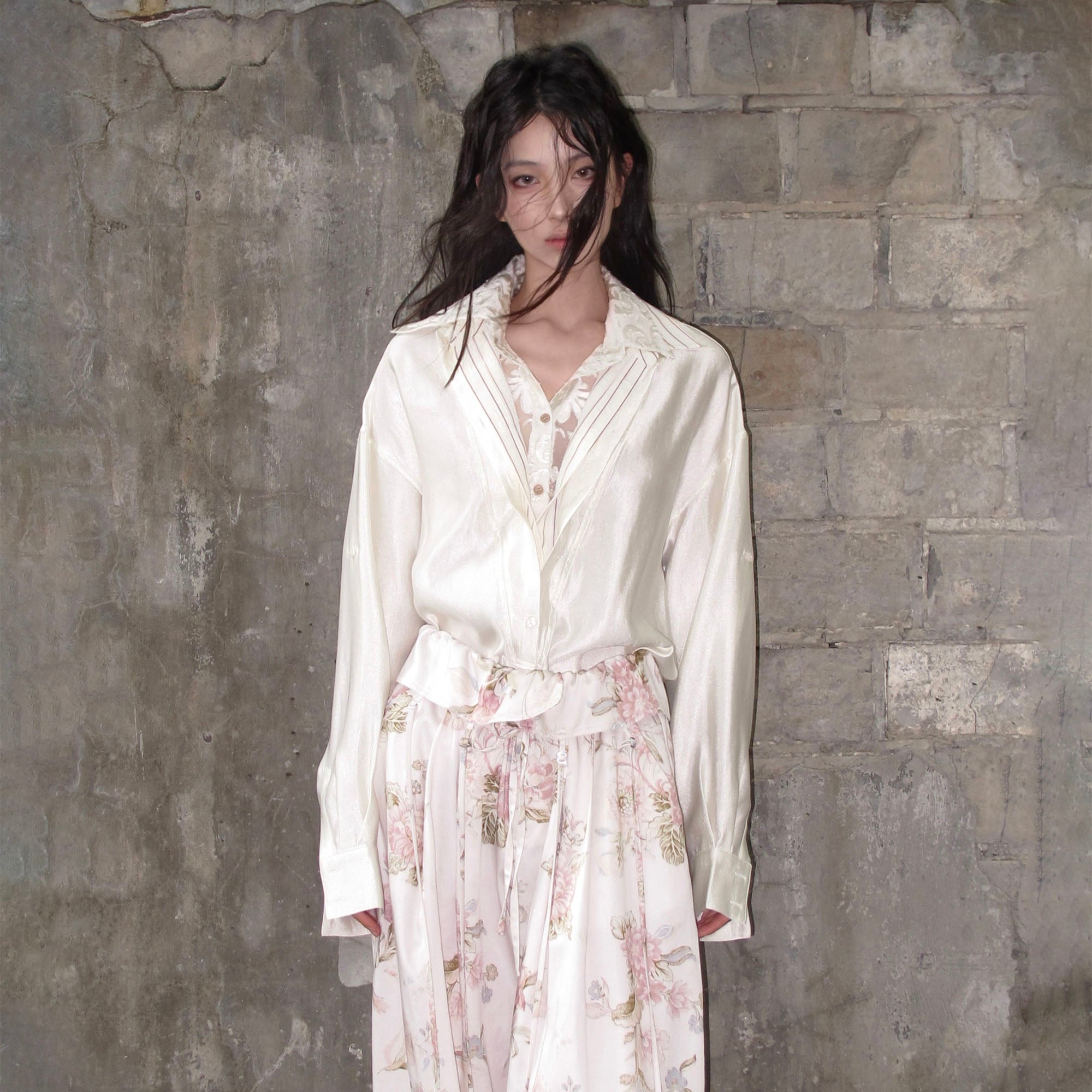 WHYNOTDANCE Layered V-Neck Lace-Trim Satin Shirt