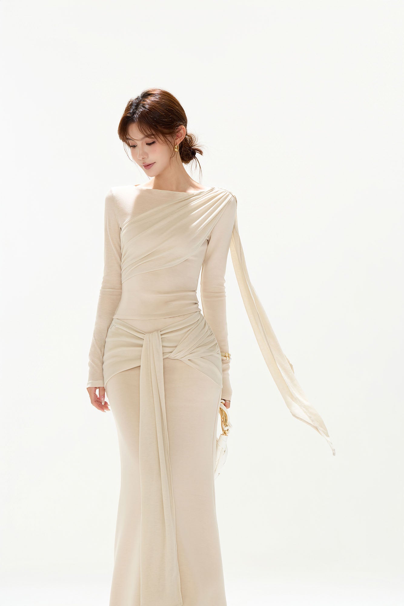 CYGNENOYR Asymmetrical Draped Knot-Front Two-Piece Set