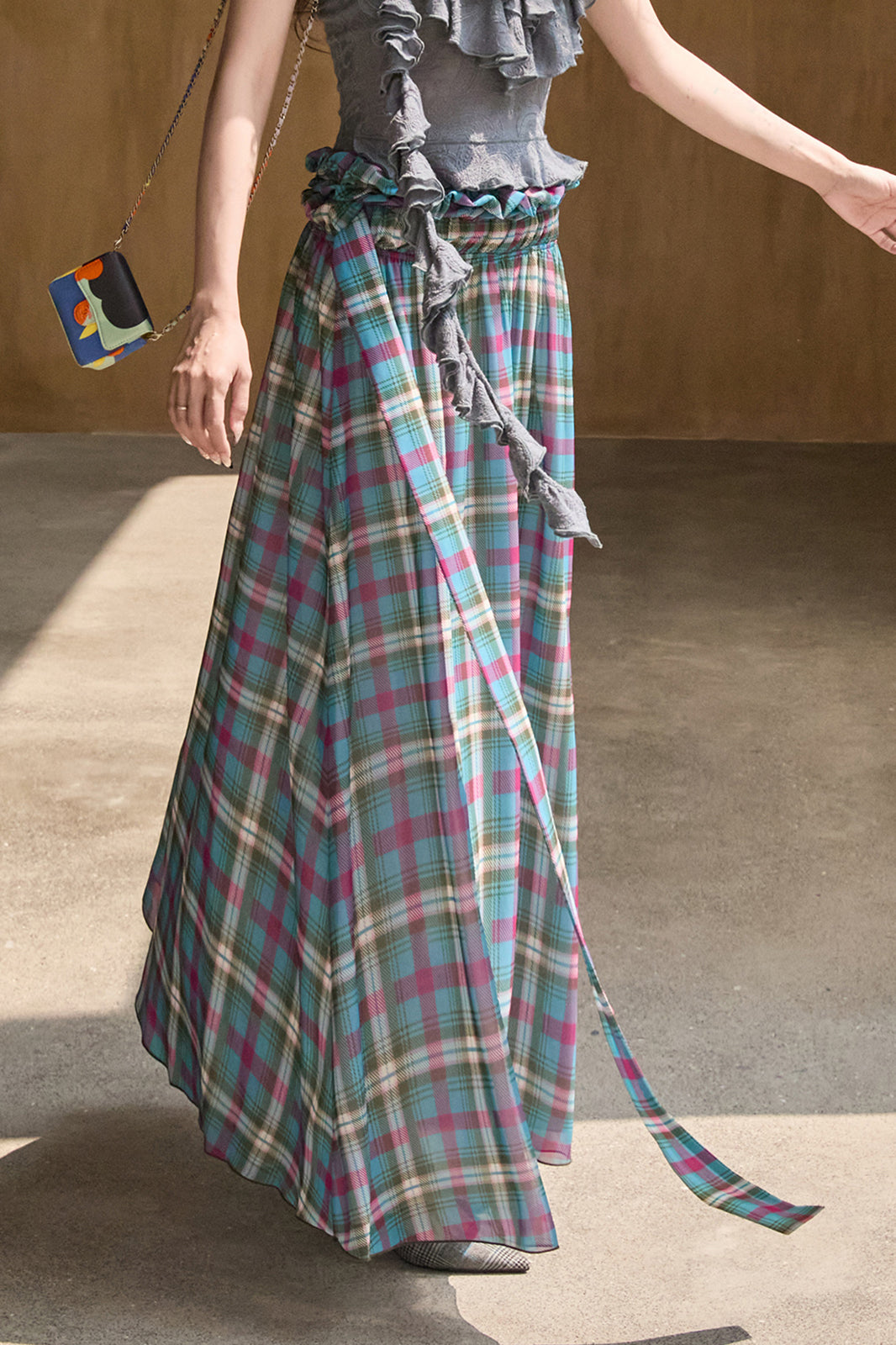 MXU Retro Plaid Ruched Top & Maxi Skirt Set
