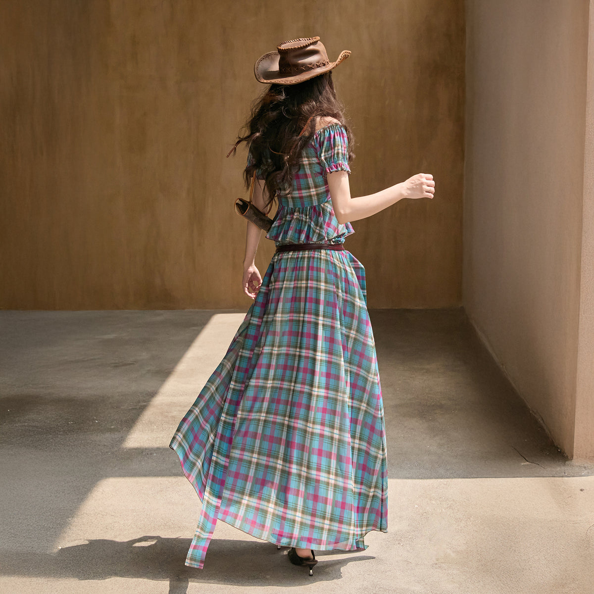 MXU Retro Plaid Ruched Top & Maxi Skirt Set