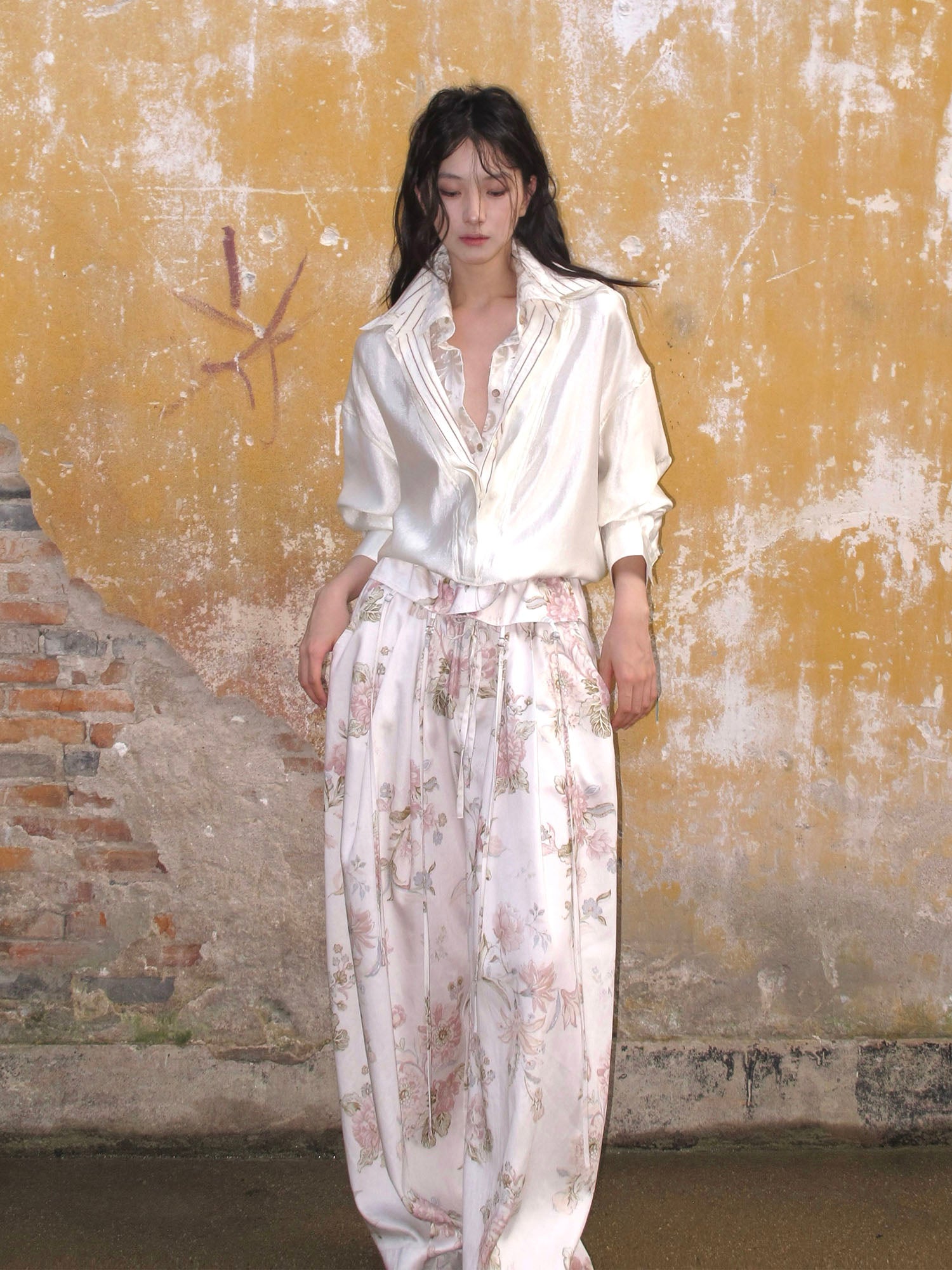 WHYNOTDANCE Layered V-Neck Lace-Trim Satin Shirt