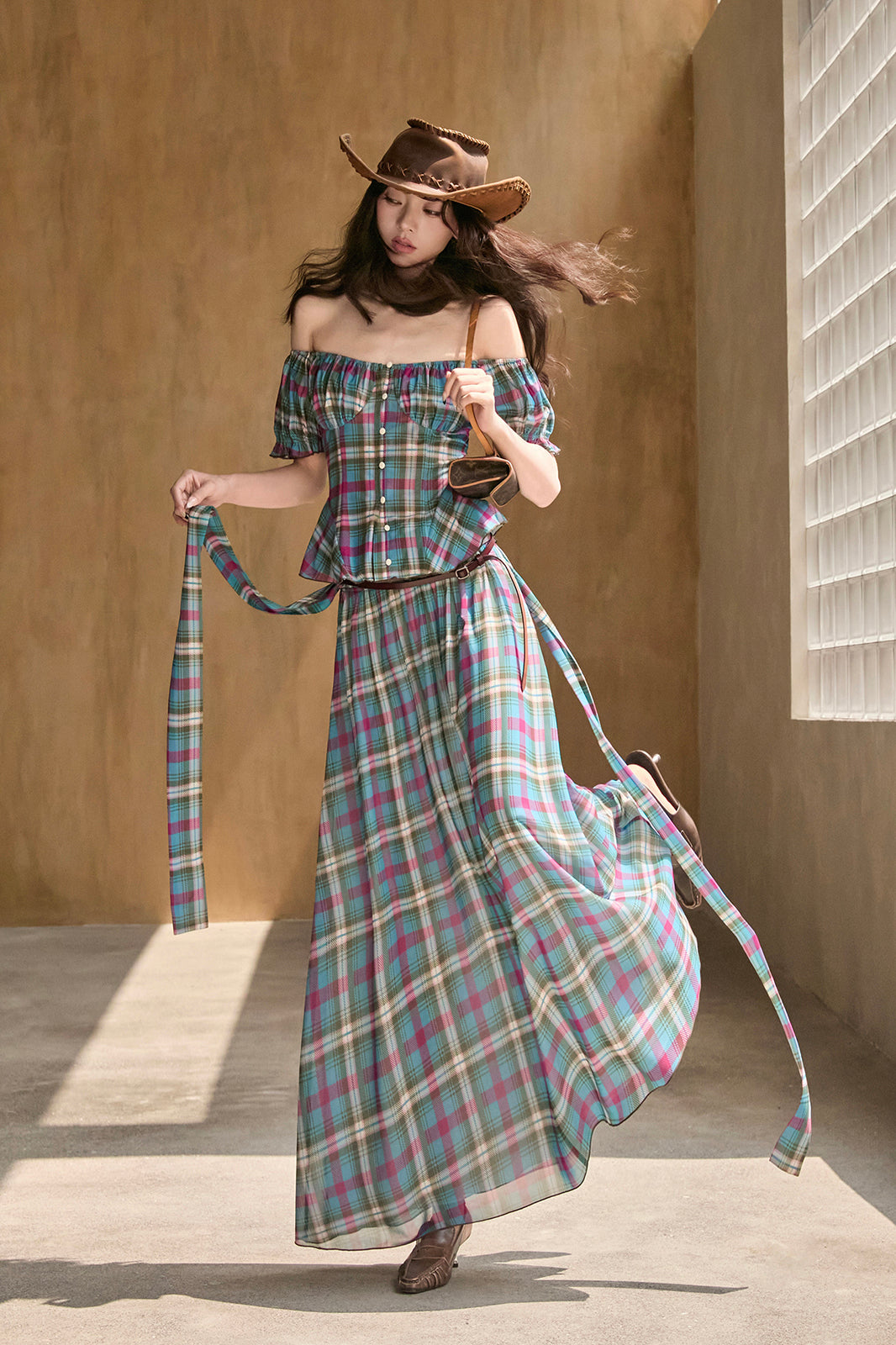 MXU Retro Plaid Ruched Top & Maxi Skirt Set
