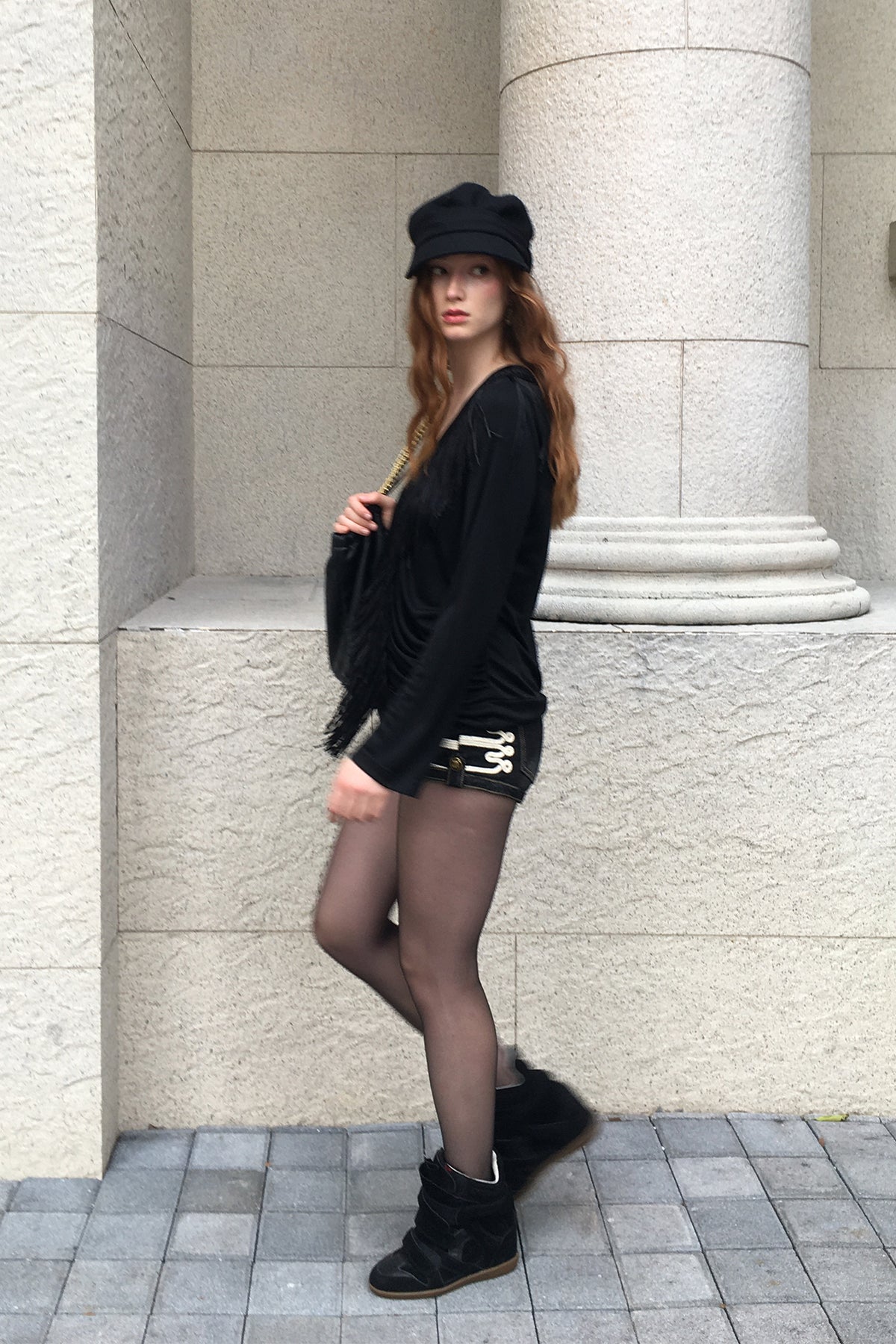 FAYCHUI Diamond Fringe Pleated Long-Sleeve Tee