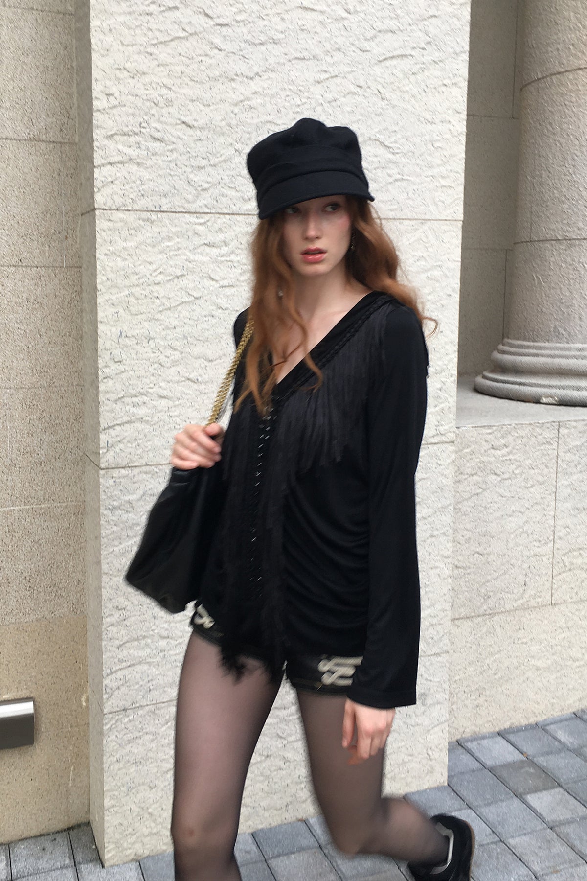 FAYCHUI Diamond Fringe Pleated Long-Sleeve Tee