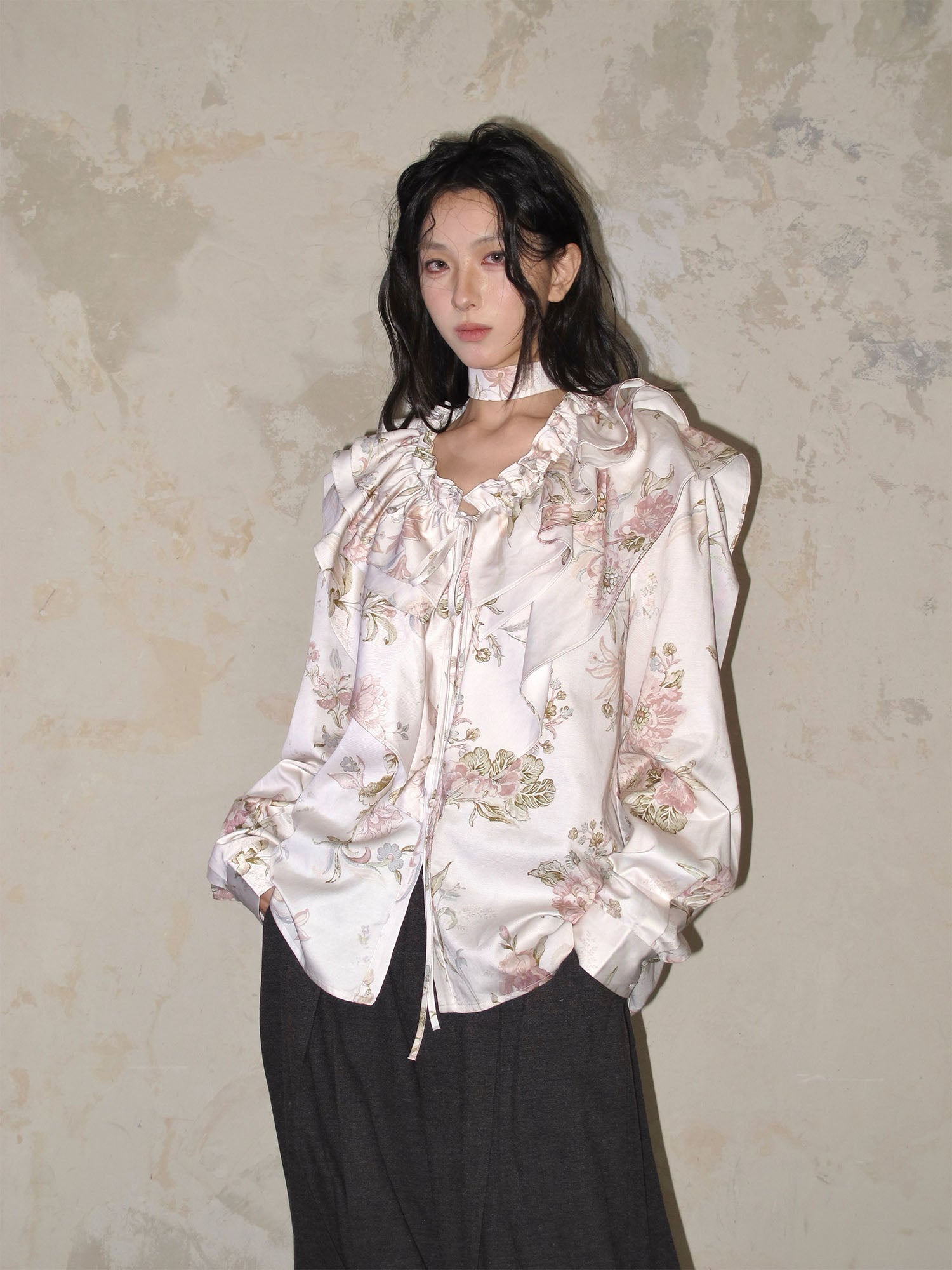 WHYNOTDANCE Floral Full-Print Ruffled Tencel Blouse