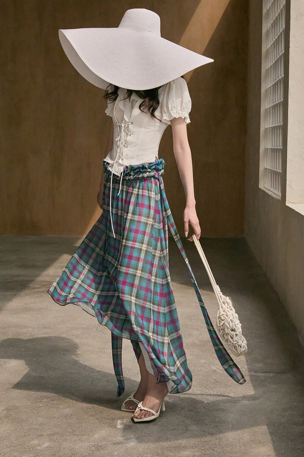MXU Retro Plaid Ruched Top & Maxi Skirt Set